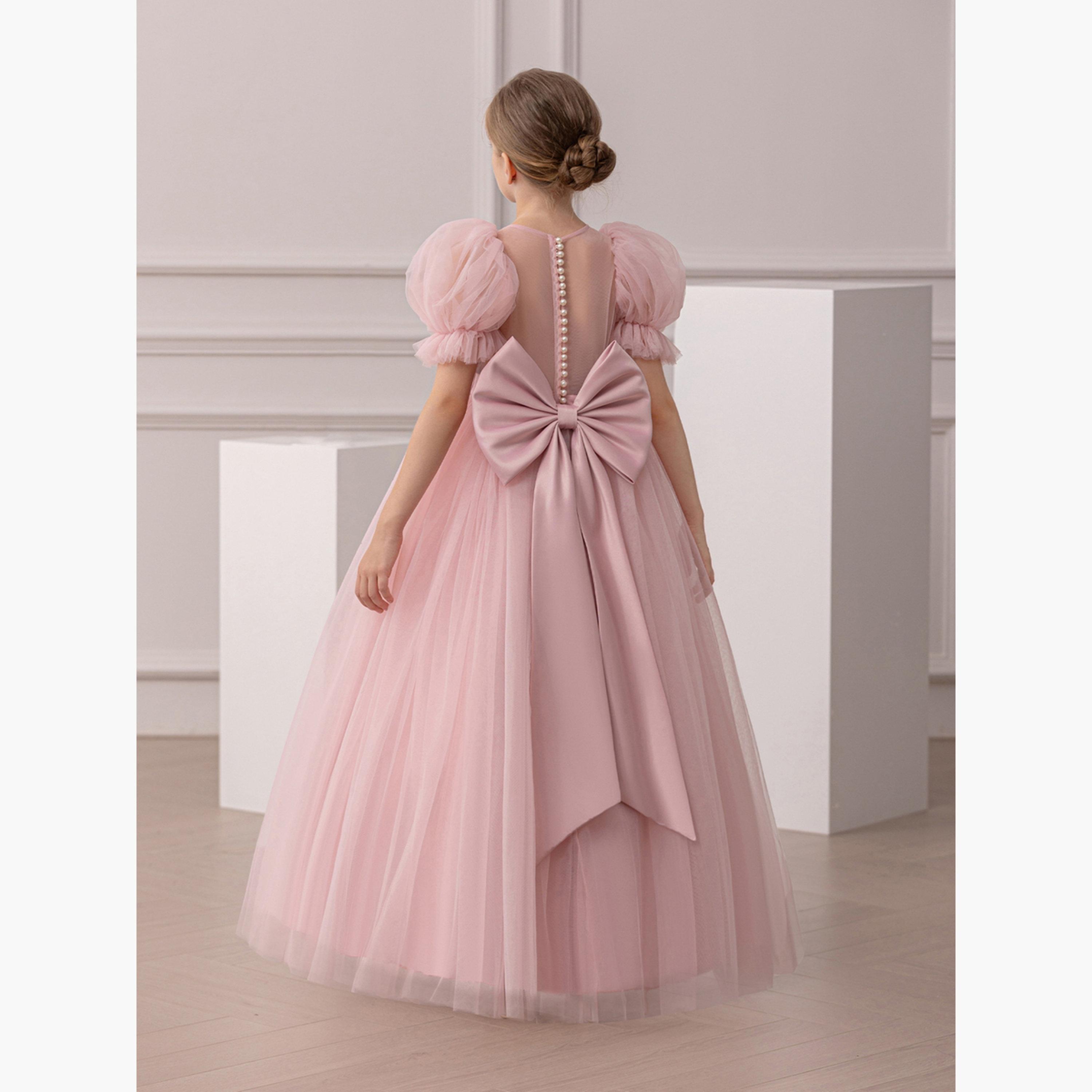 فستان طويل بناتي وردي مزين وبأكمام منفوخة-girls-clothing-dressesandjumpsuits-image-3
