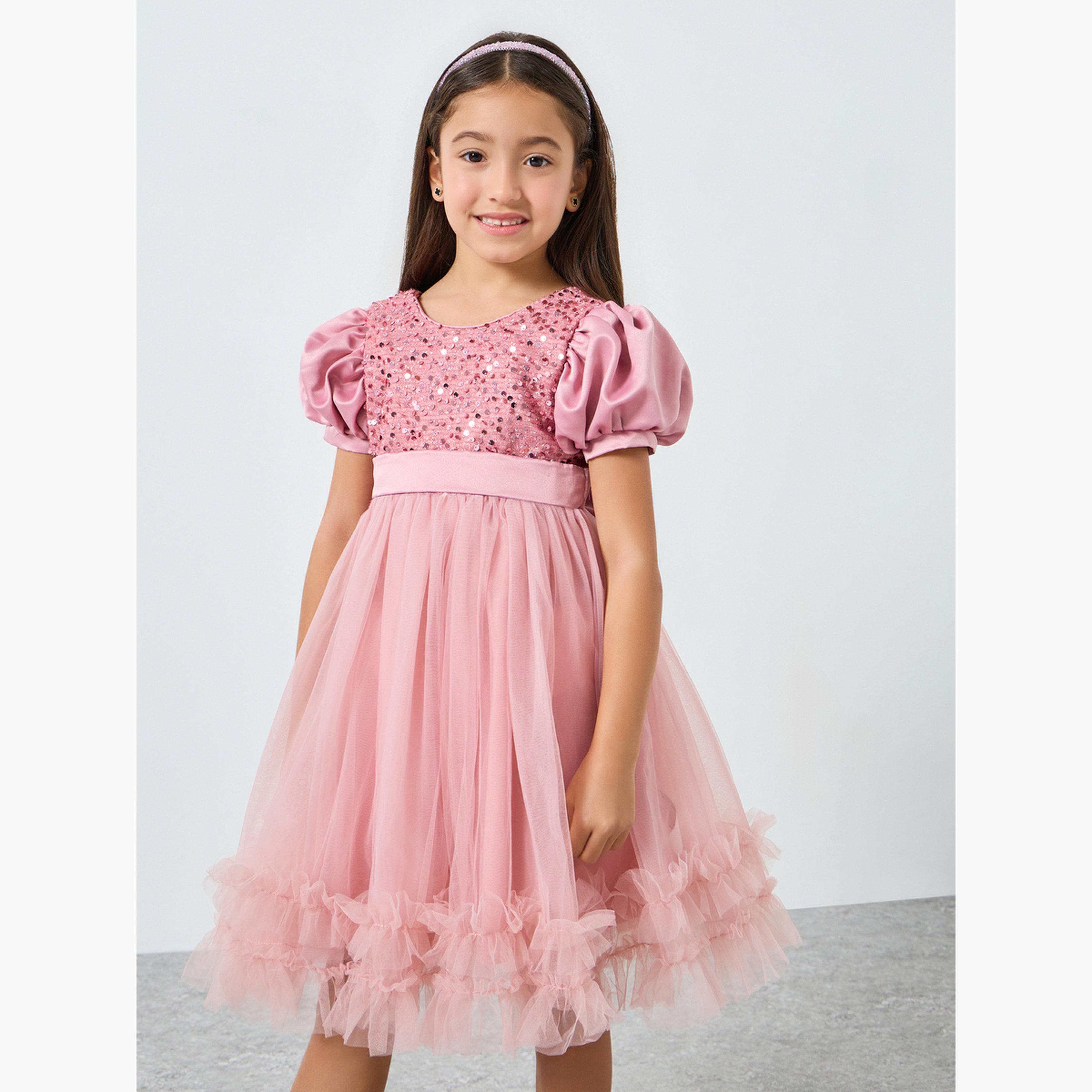 Take Two Girls Pink Sequin Puff Sleeve Ruffles Hem Dress-girls-clothing-dressesandjumpsuits-image-1