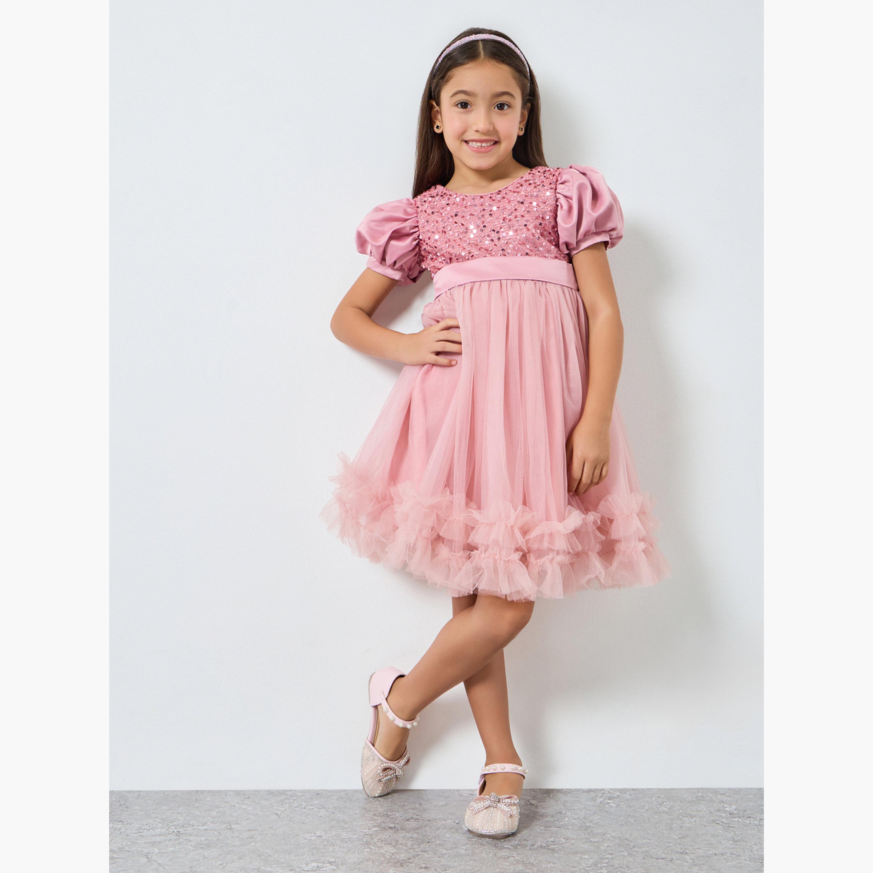 فستان وردي بترتر وأكمام منفوخة وحافة مكشكشة-girls-clothing-dressesandjumpsuits-image-2