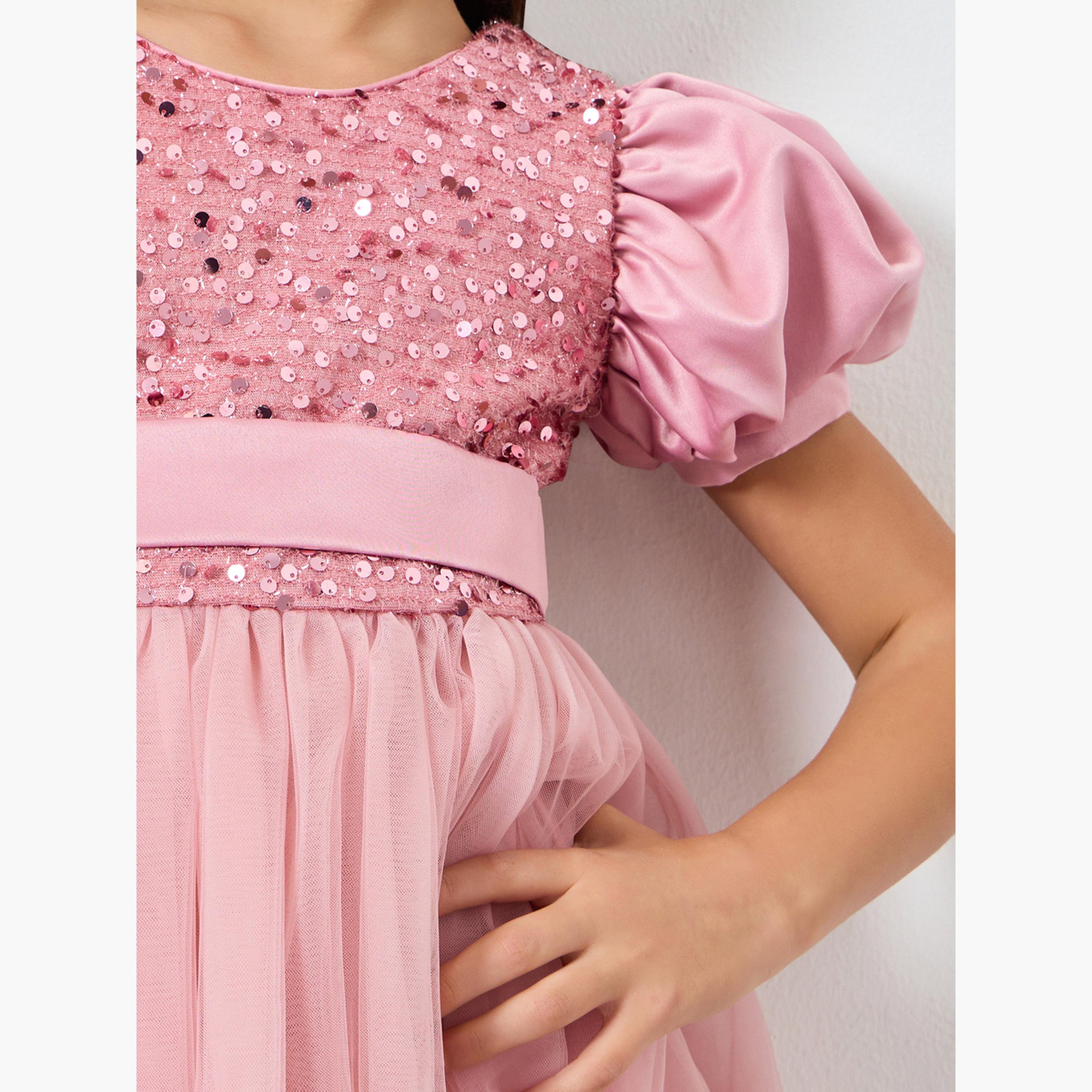 فستان وردي بترتر وأكمام منفوخة وحافة مكشكشة-girls-clothing-dressesandjumpsuits-image-3