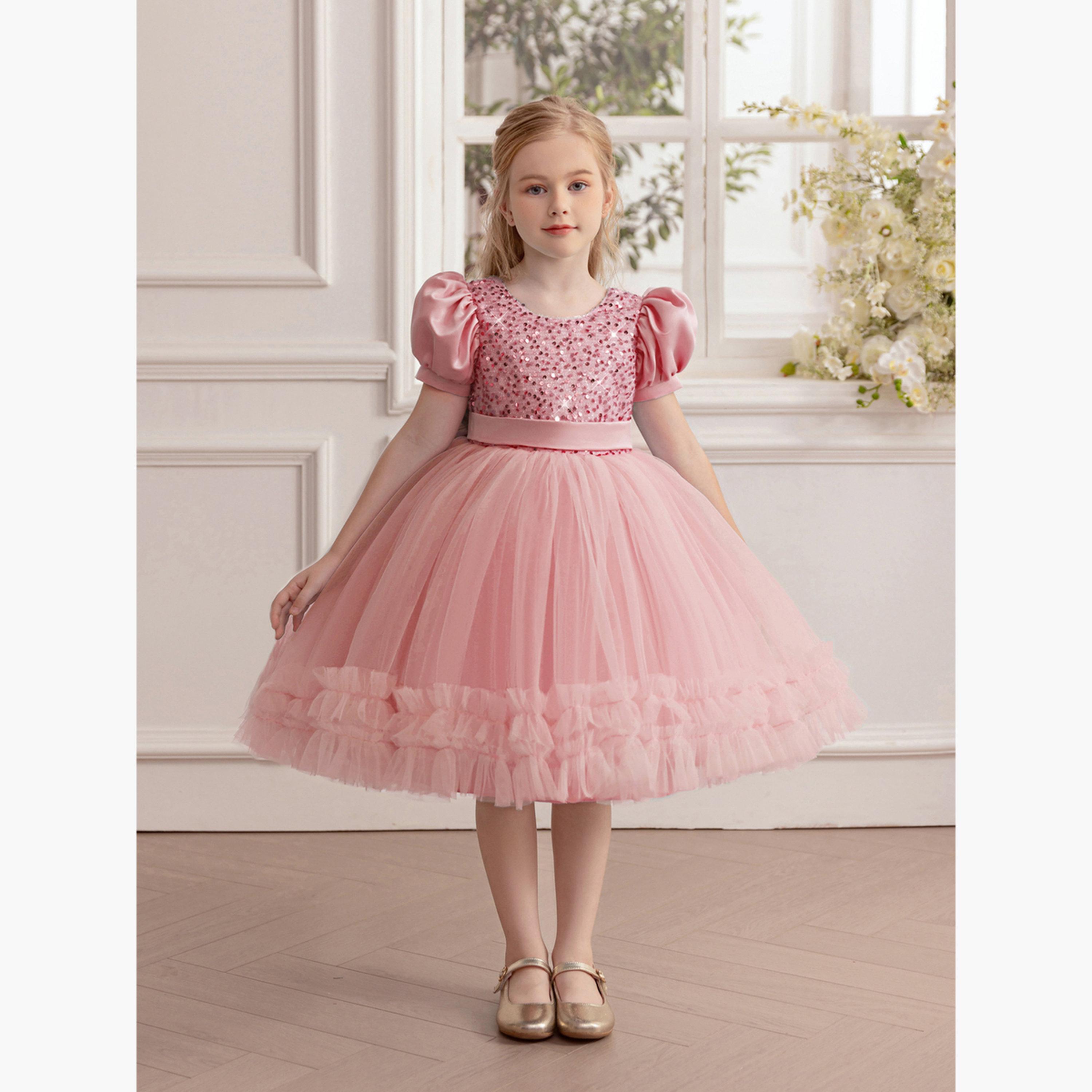 Take Two Girls Pink Sequin Puff Sleeve Ruffles Hem Dress-girls-clothing-dressesandjumpsuits-image-5