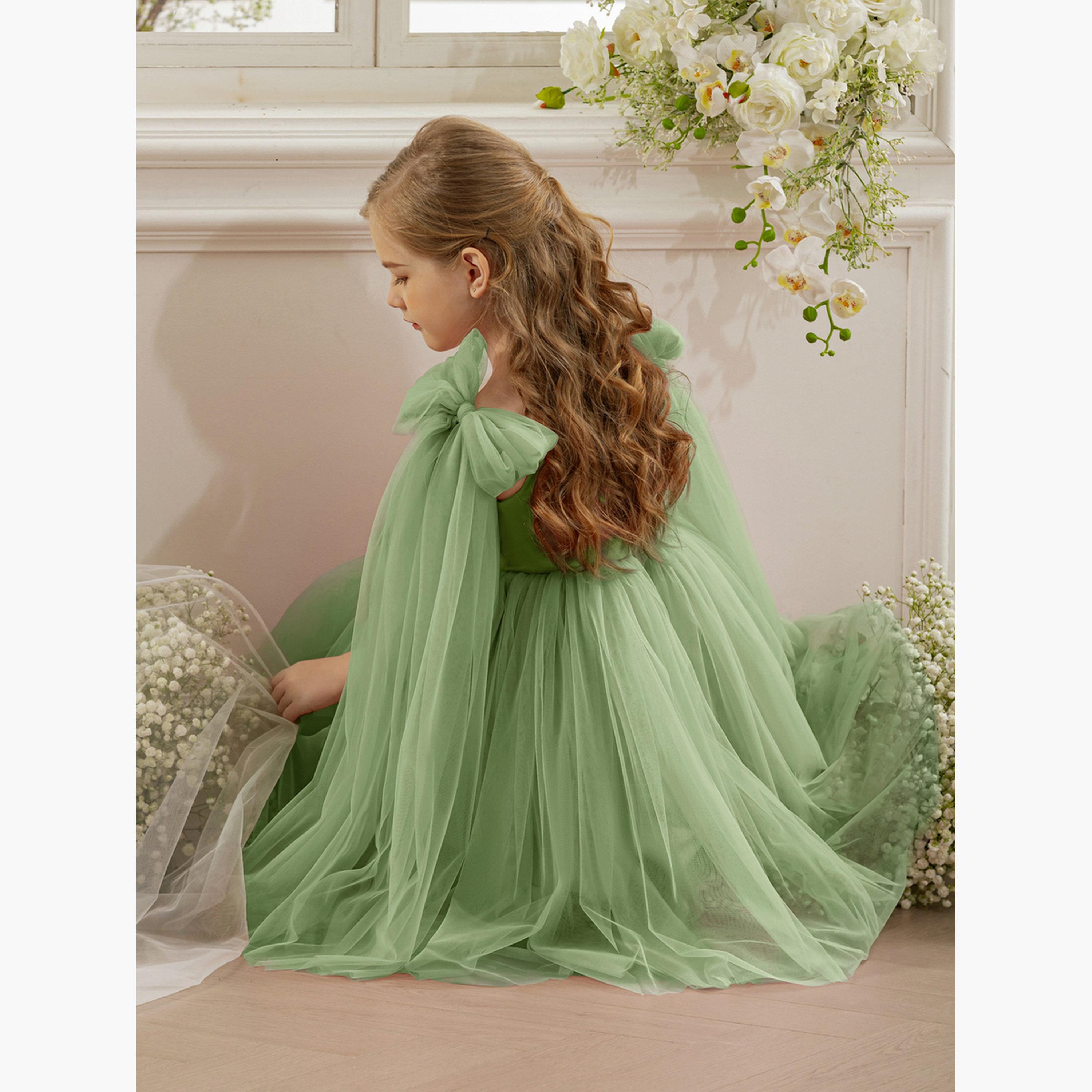 Take Two Girls Bow Sleeveless Cape Detail Mesh Dress-girls-clothing-dressesandjumpsuits-image-5