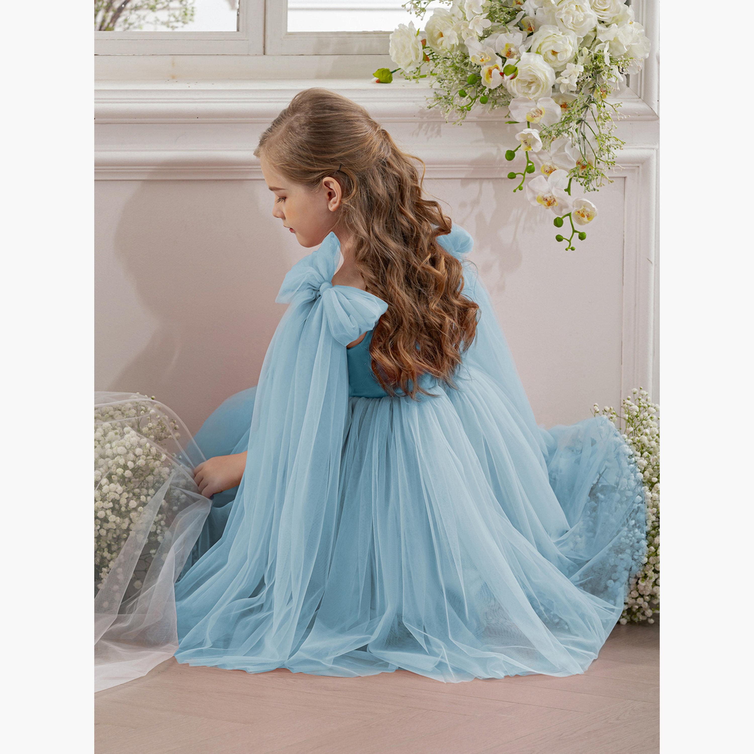 Take Two Girls Bow Sleeveless Cape Detail Mesh Dress-girls-clothing-dressesandjumpsuits-image-4