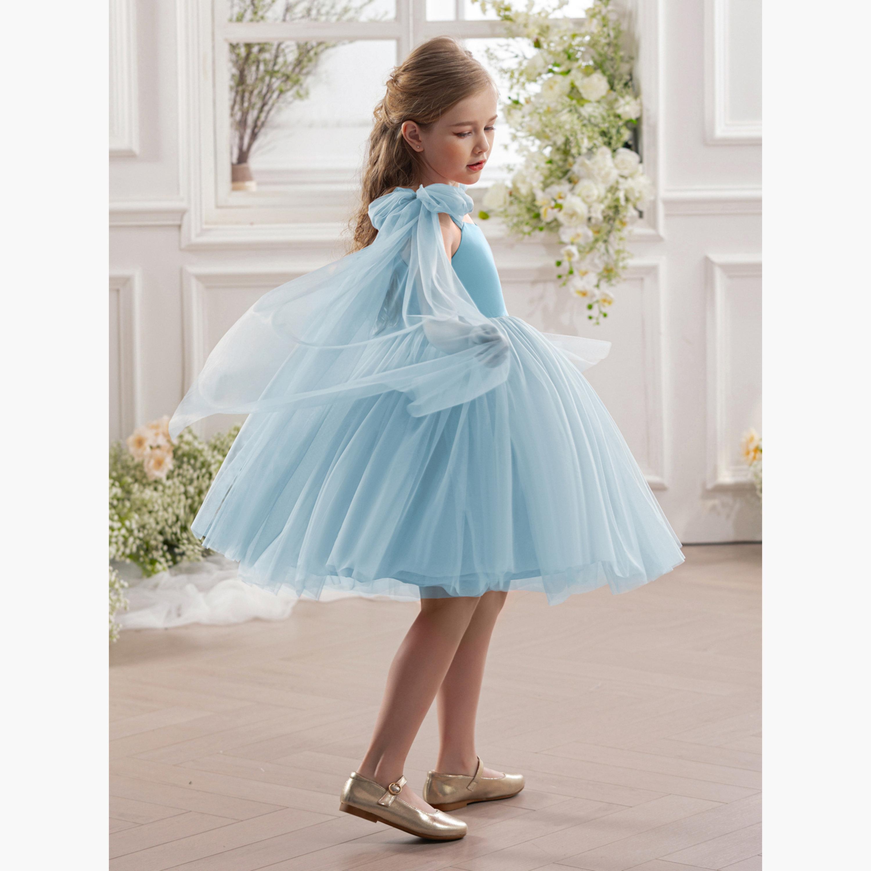 Take Two Girls Bow Sleeveless Cape Detail Mesh Dress-girls-clothing-dressesandjumpsuits-image-5