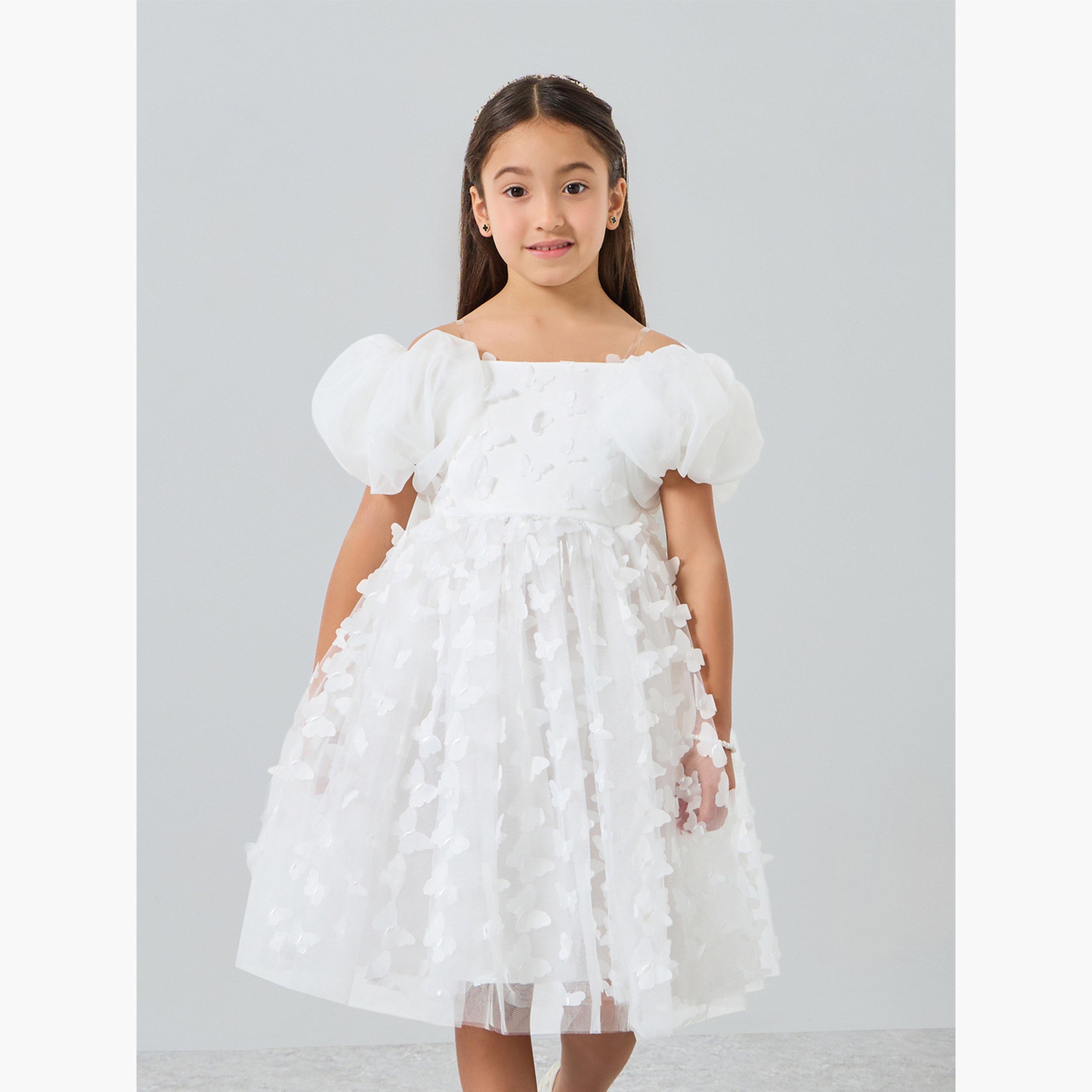 Take Two Girls White Organza Puff Sleeve Butterfly Detail Dress-girls-clothing-dressesandjumpsuits-image-1