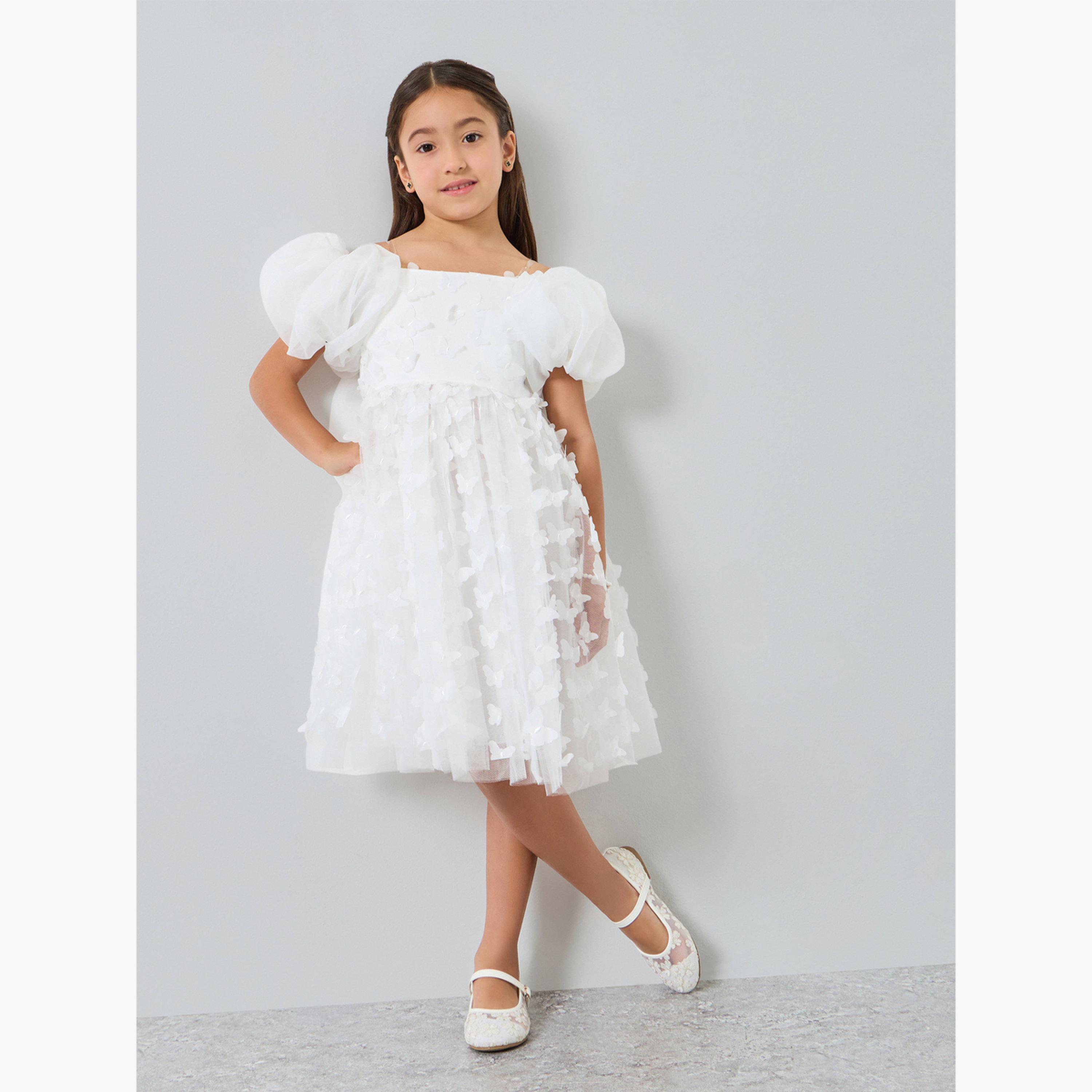 فستان أبيض أورجانزا بأكمام منفوخة وتفاصيل فراشة-girls-clothing-dressesandjumpsuits-image-2