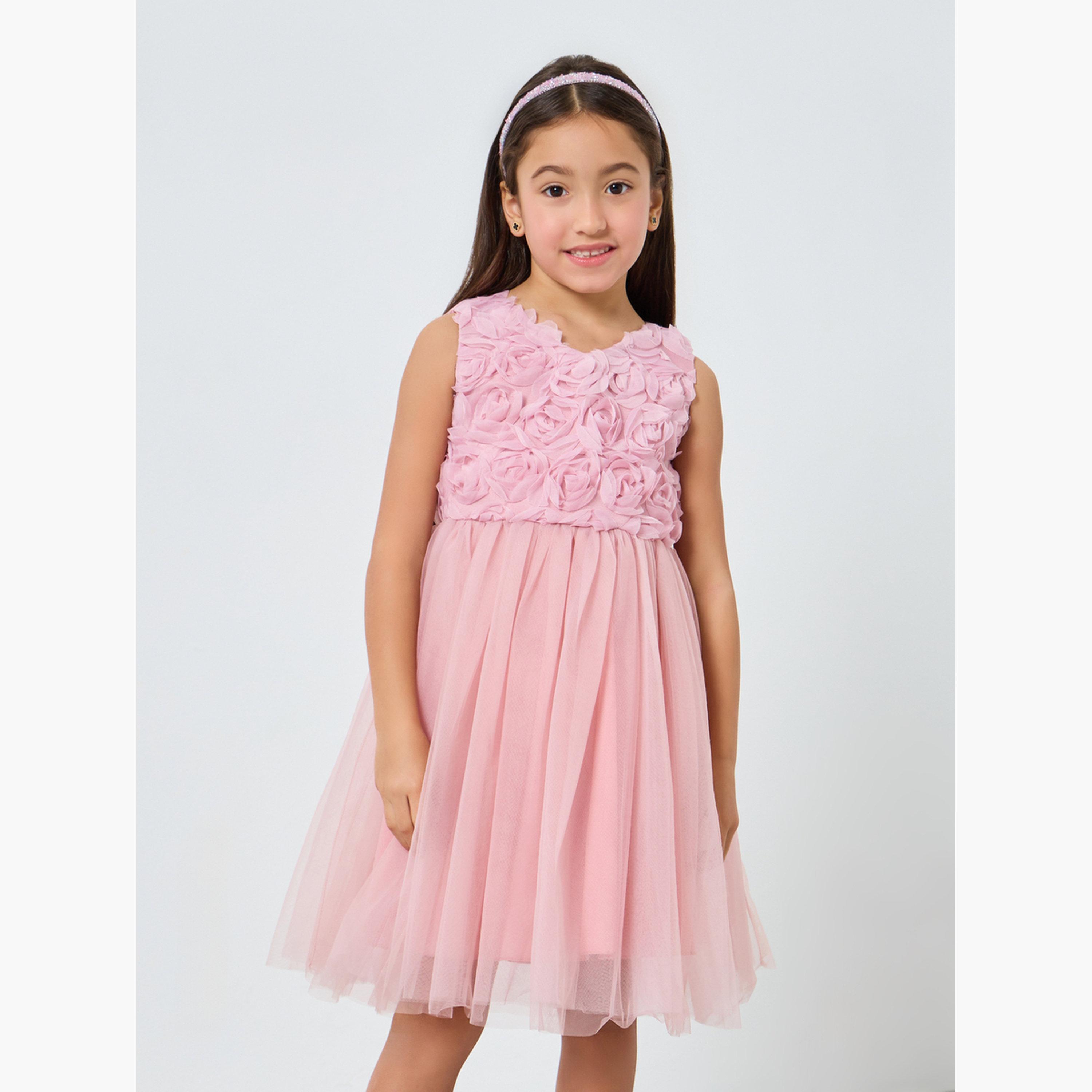 Take Two Girls Pink Flower Details Mesh Sleeveless Dress-girls-clothing-dressesandjumpsuits-image-1