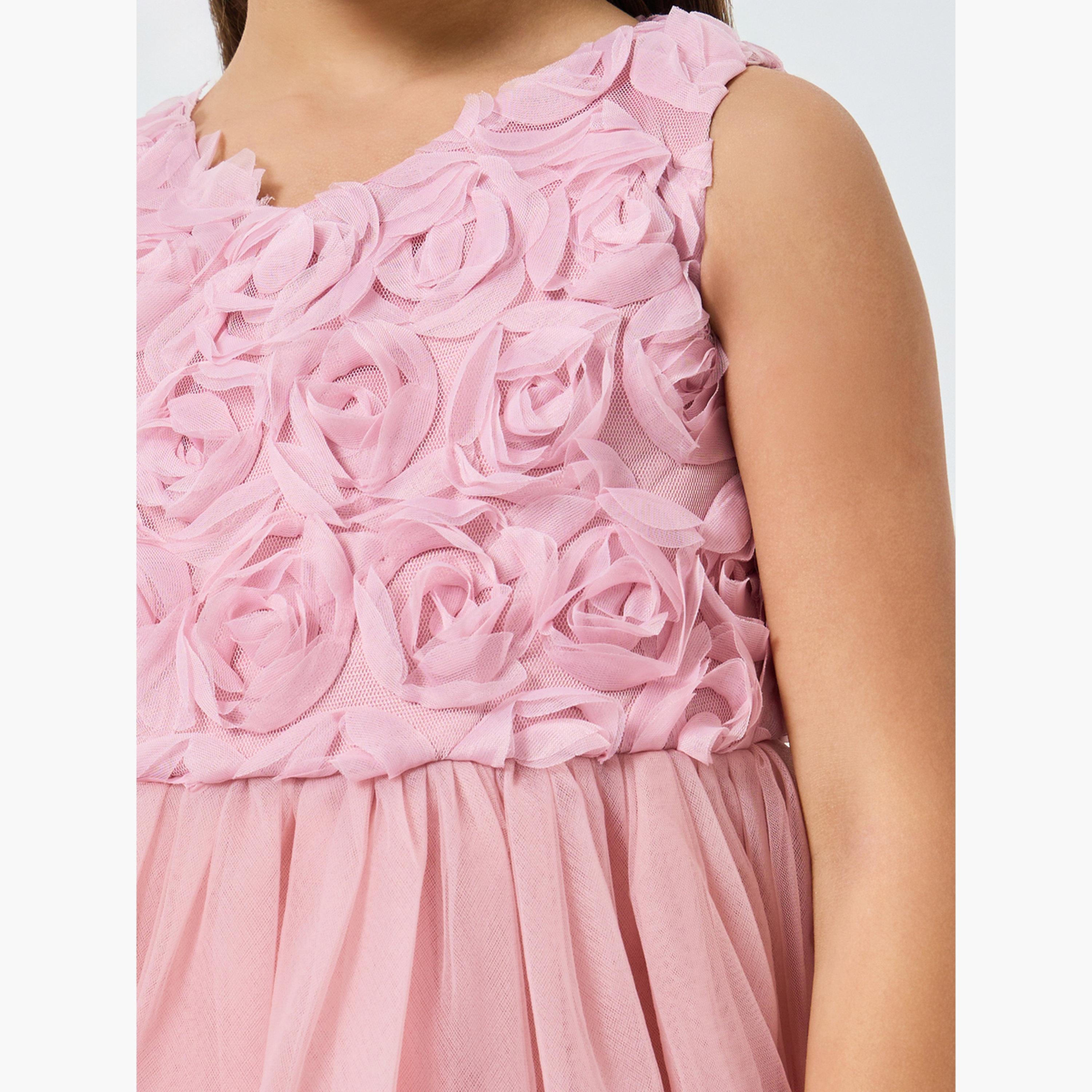 Take Two Girls Pink Flower Details Mesh Sleeveless Dress-girls-clothing-dressesandjumpsuits-image-3