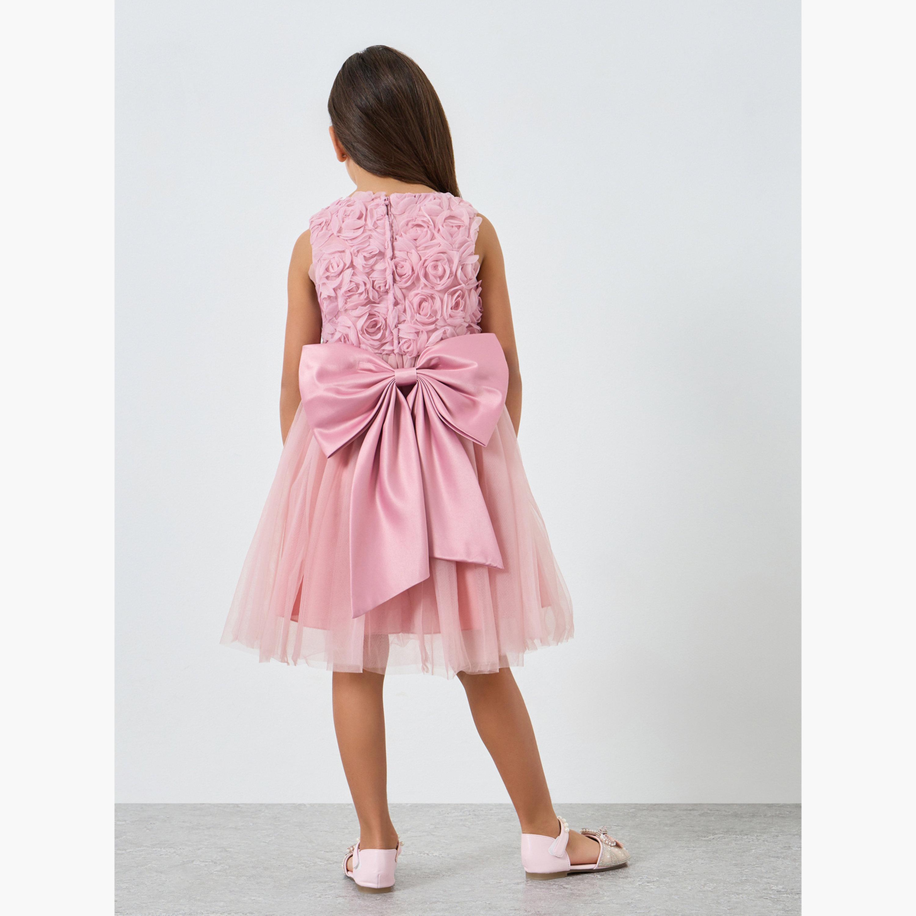 فستان وردي بلا أكمام بتفاصيل زهور وشبك-girls-clothing-dressesandjumpsuits-image-4