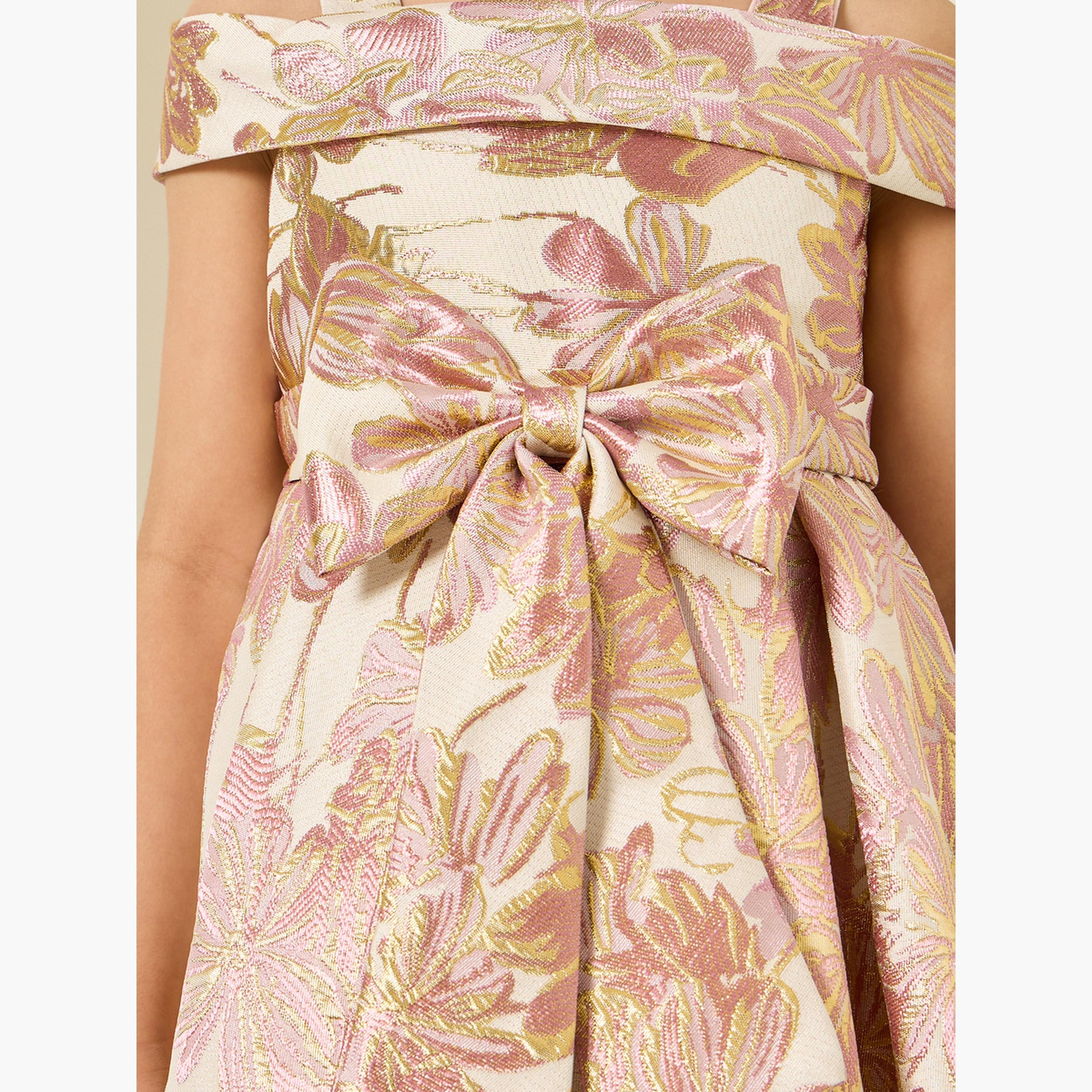 فستان جاكار مطوي بحافة واسعة ونقشة زهور-girls-clothing-dressesandjumpsuits-image-4