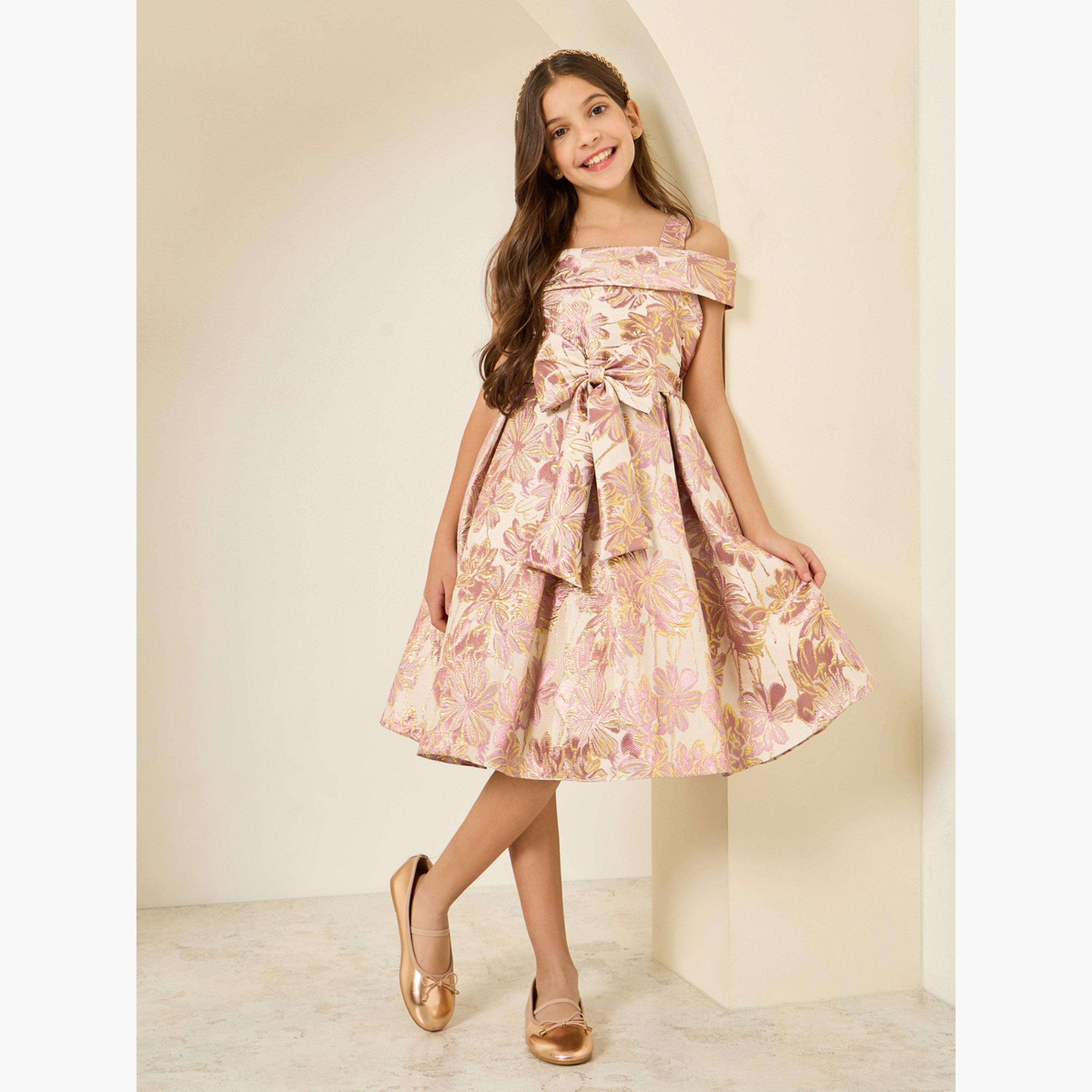 فستان بحافة واسعة وزهور جاكار مع كسرات-girls-clothing-dressesandjumpsuits-image-1