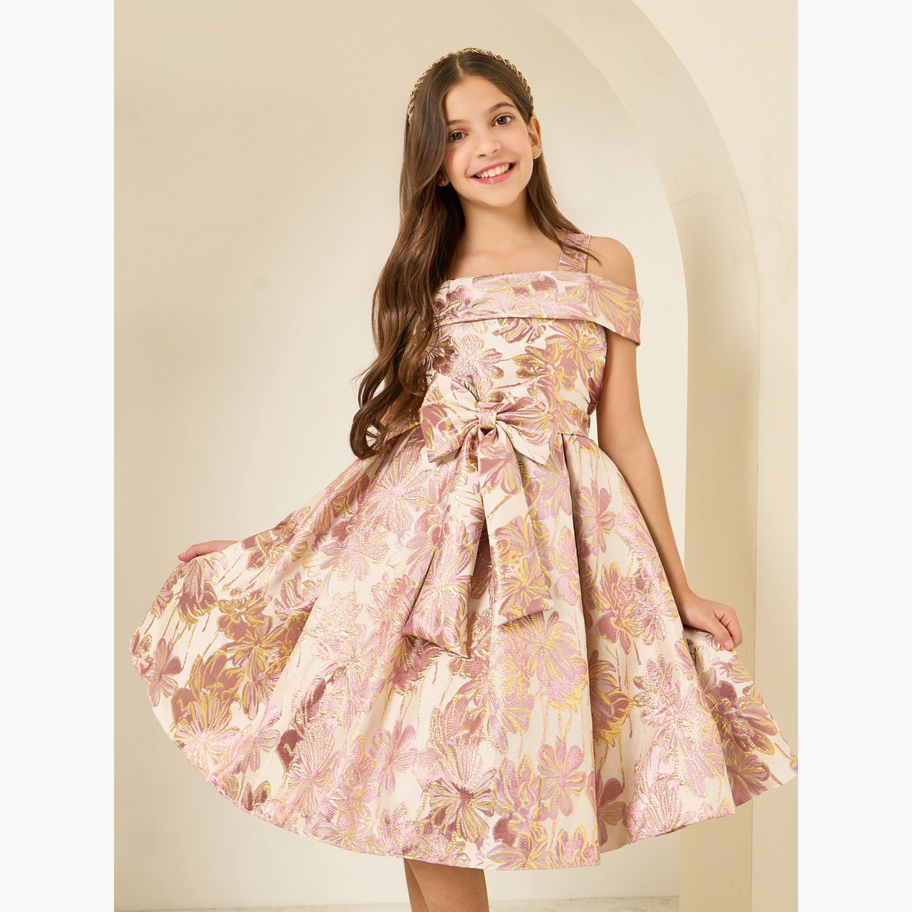 فستان بحافة واسعة وزهور جاكار مع كسرات-girls-clothing-dressesandjumpsuits-image-2