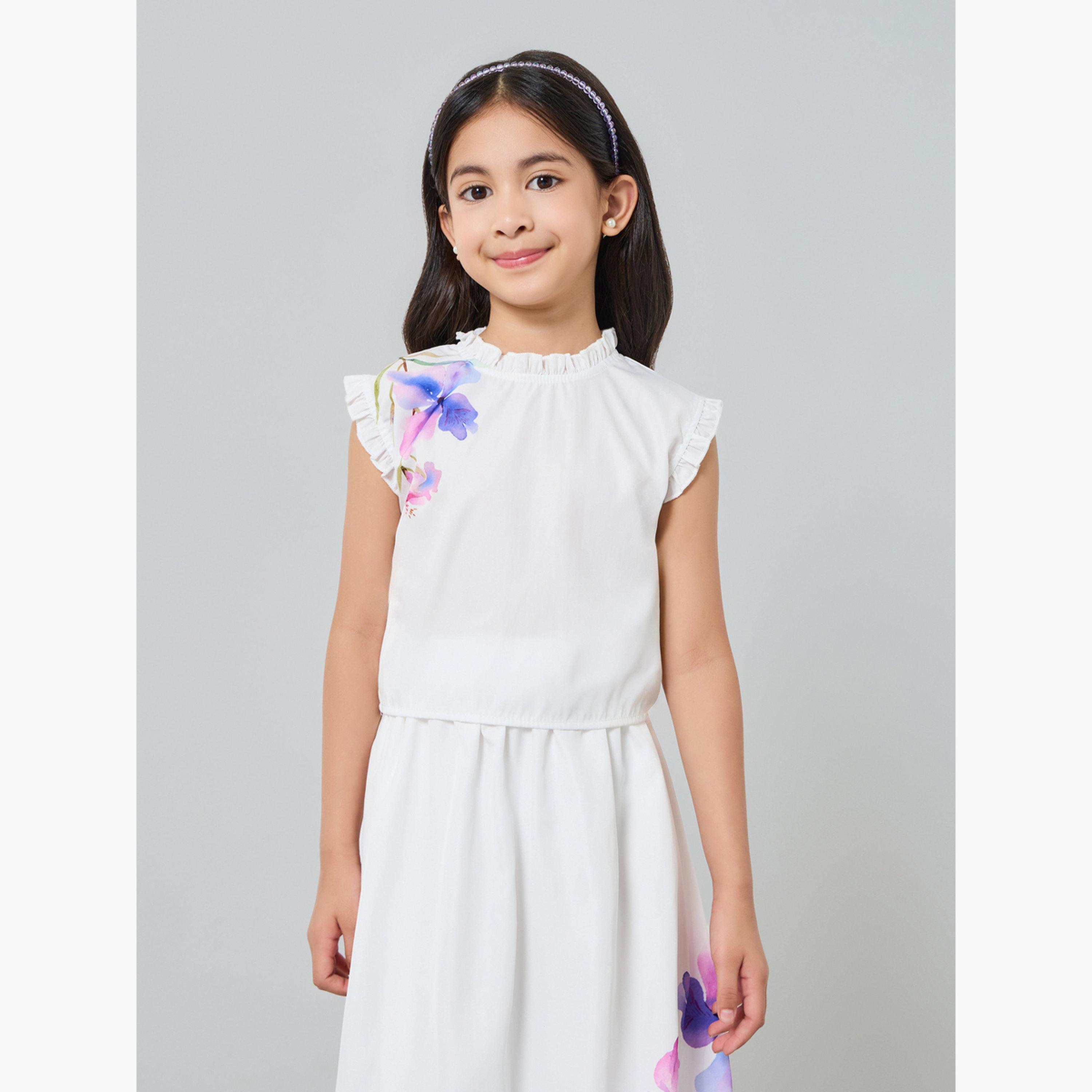 Styli Girls White Floral Print Top and Skirt Set-girls-clothing-setsandcoords-image-2