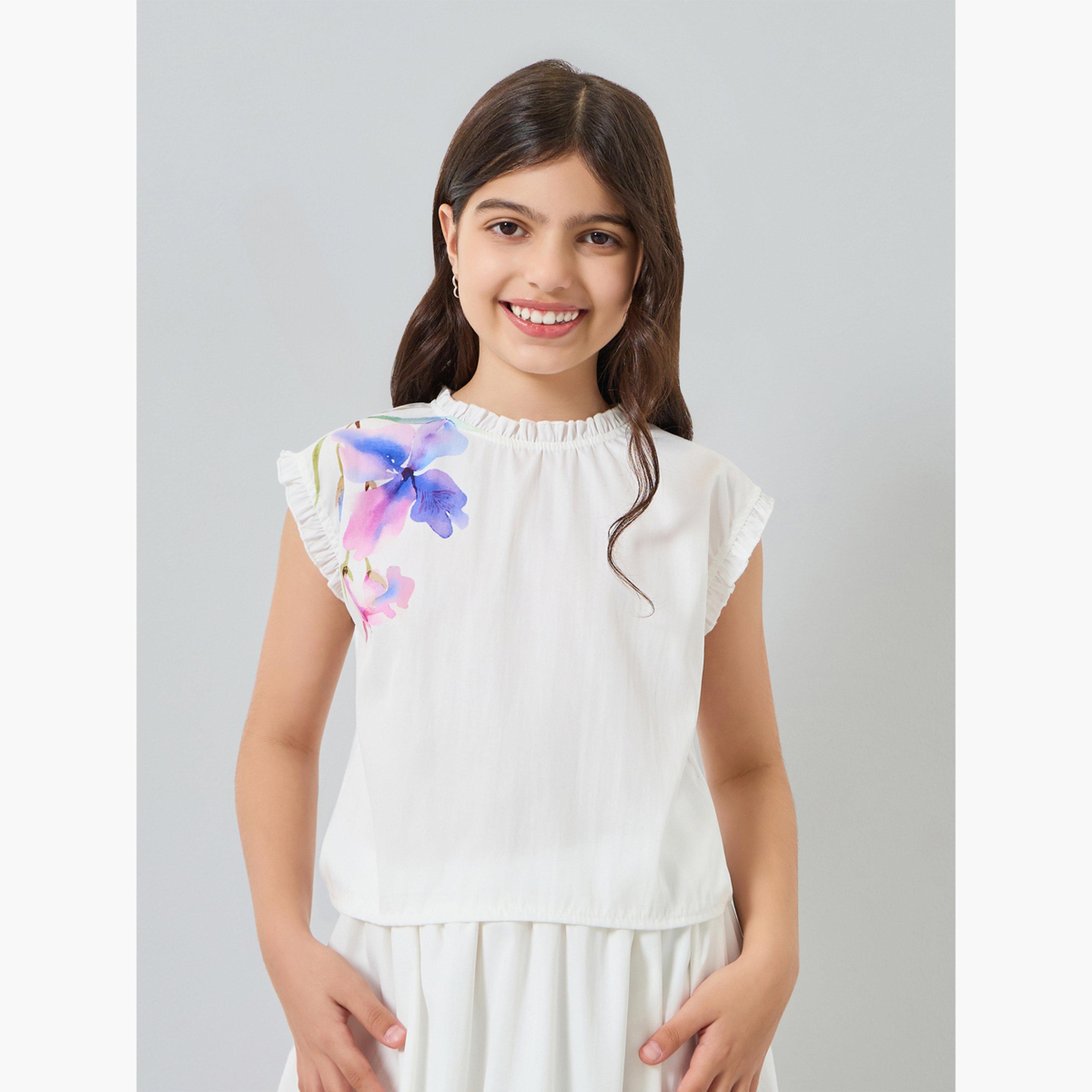 Styli Girls White Floral Print Top and Skirt Set-girls-clothing-setsandcoords-image-2