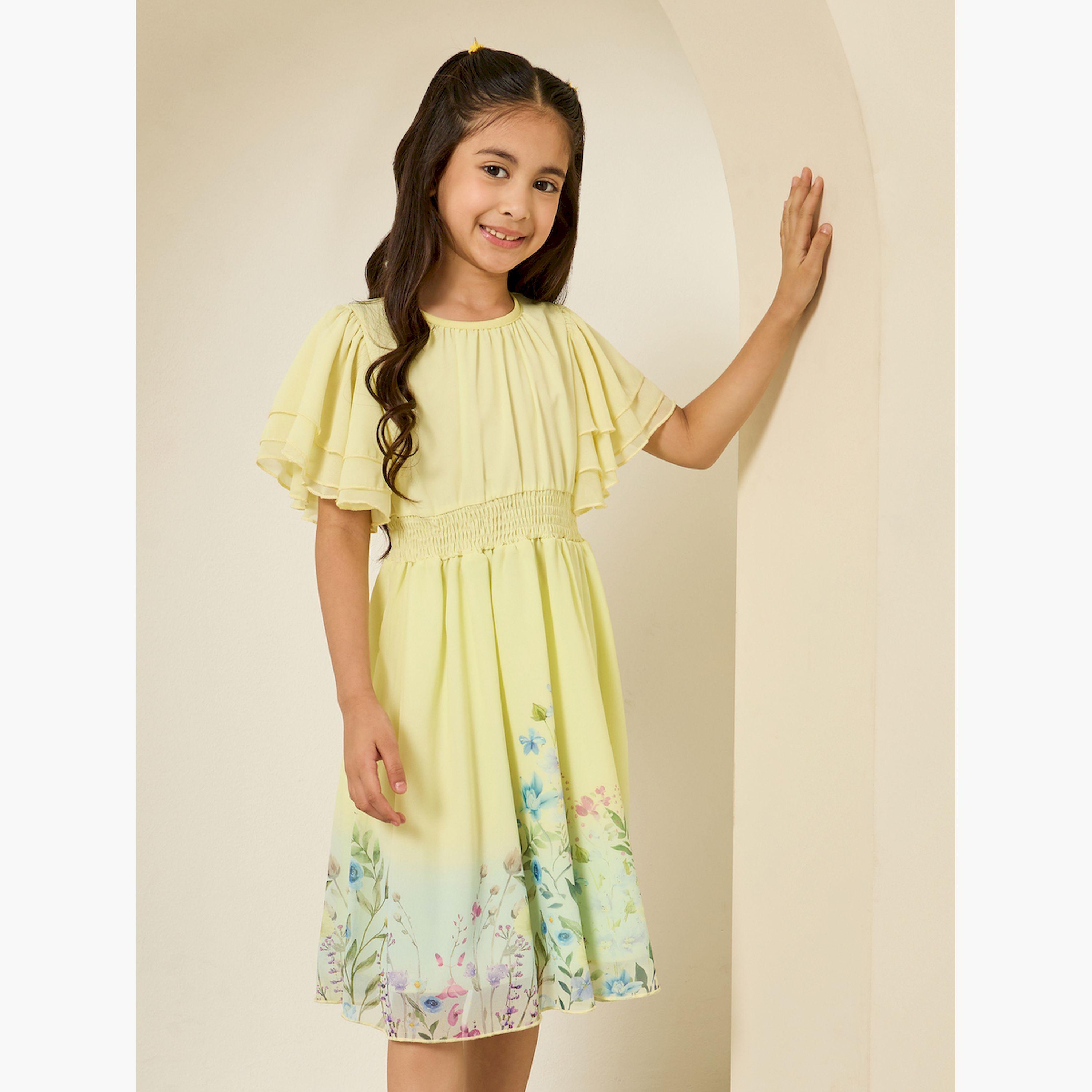فستان بطول الركبة وحافة واسعة بطبعة زهور للبنات-girls-clothing-dressesandjumpsuits-image-1