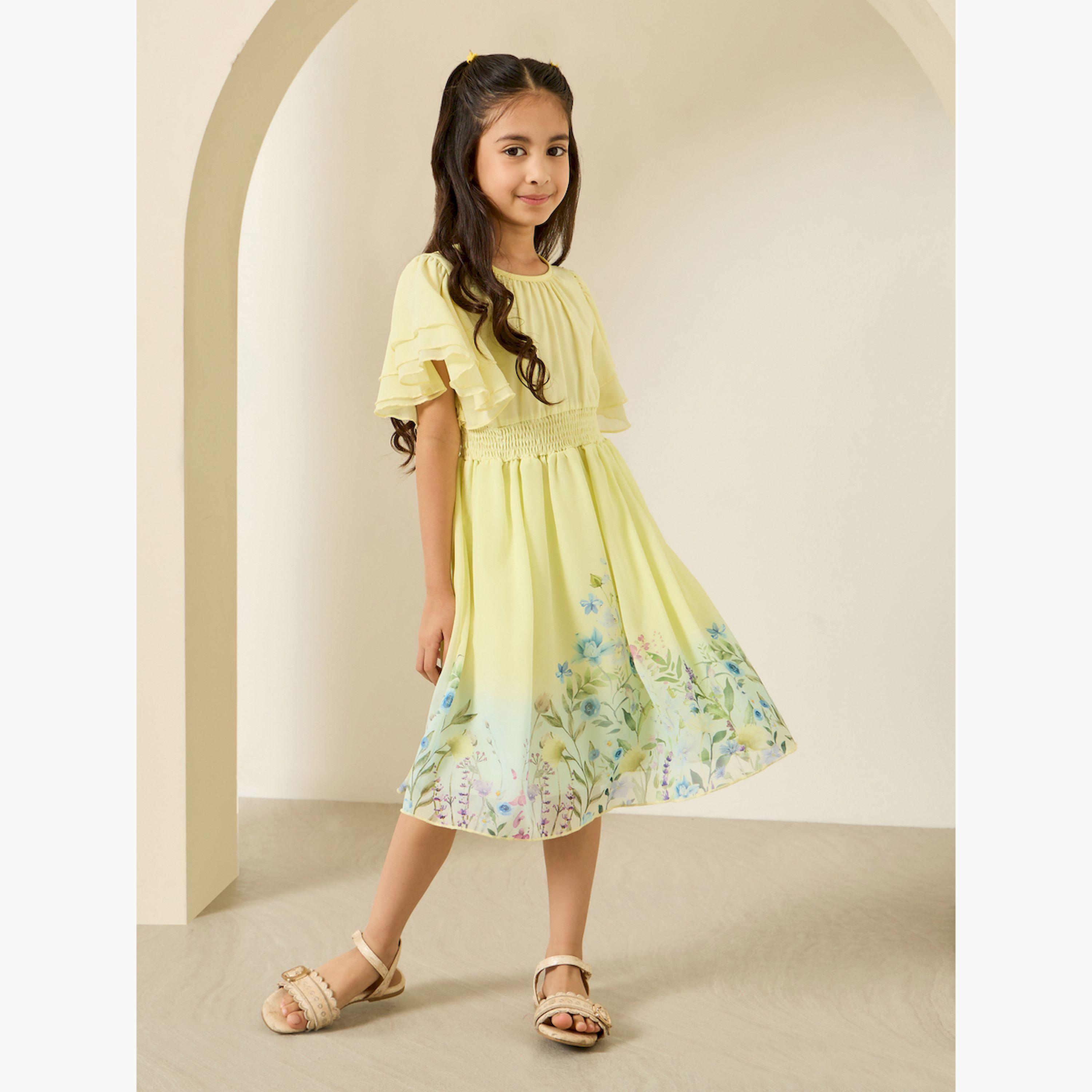 فستان بطول الركبة وحافة واسعة بطبعة زهور للبنات-girls-clothing-dressesandjumpsuits-image-2