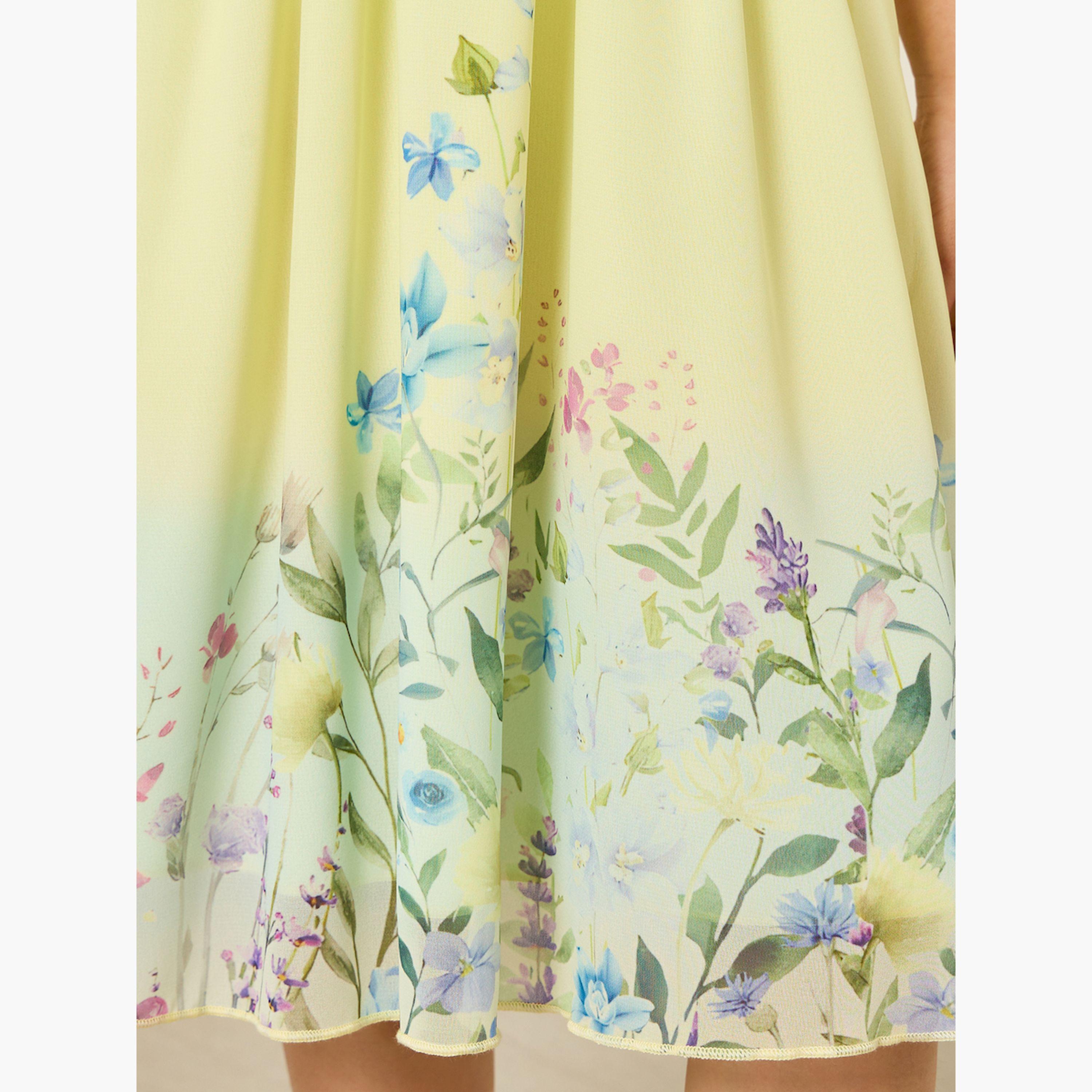 فستان بطول الركبة وحافة واسعة بطبعة زهور للبنات-girls-clothing-dressesandjumpsuits-image-3