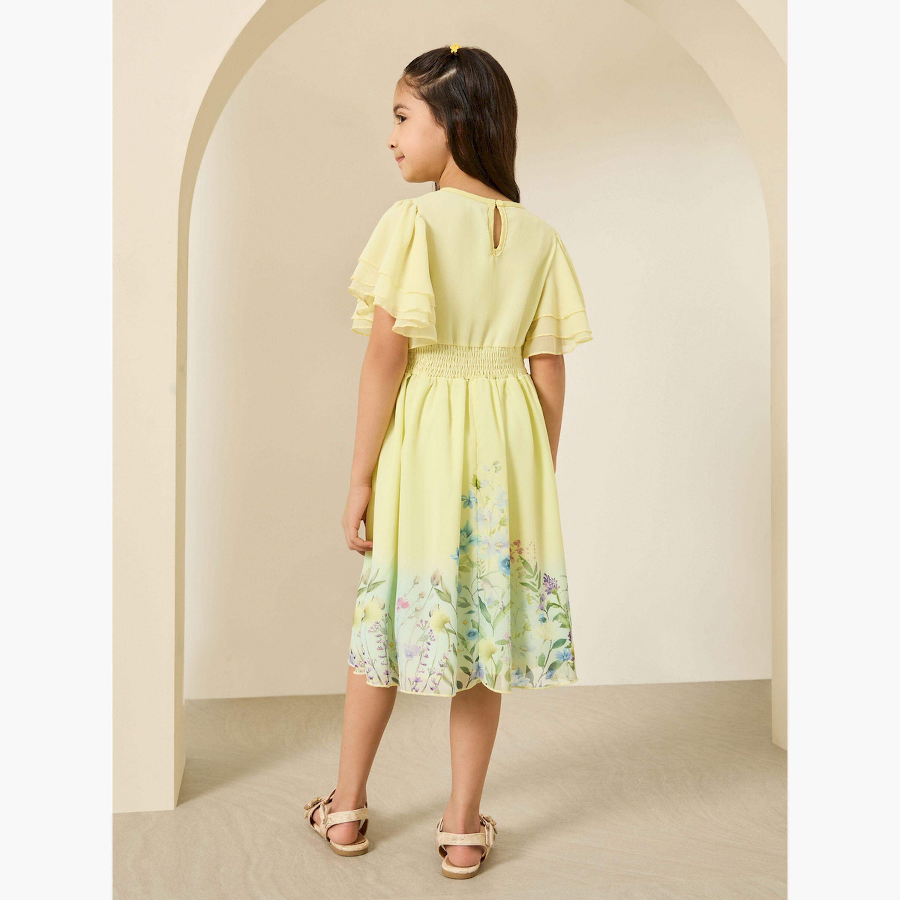 فستان بطول الركبة وحافة واسعة بطبعة زهور للبنات-girls-clothing-dressesandjumpsuits-image-4