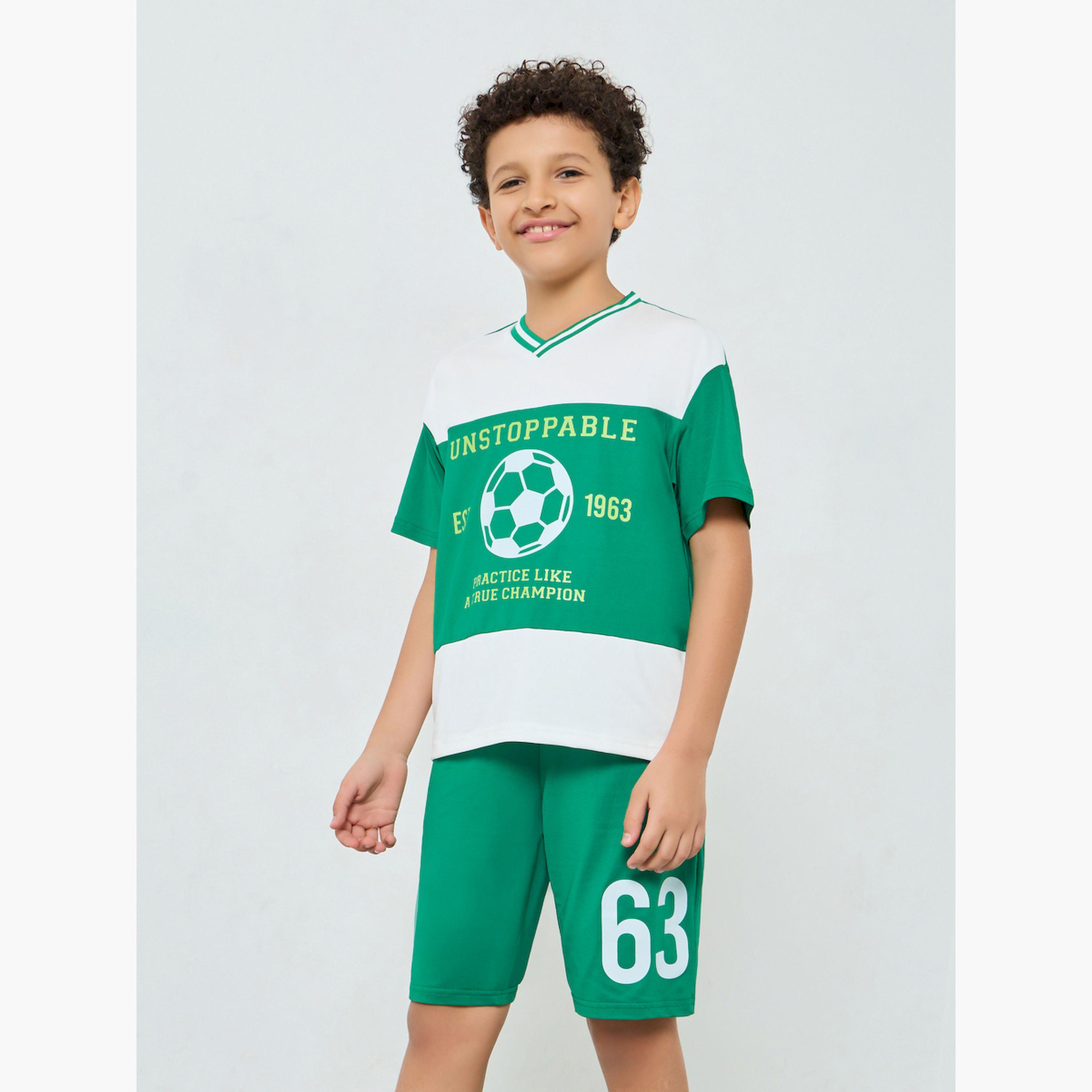 Styli Boys Green Football Graphic T-Shirt and Shorts Set-boys-clothing-setsandcoords-image-1