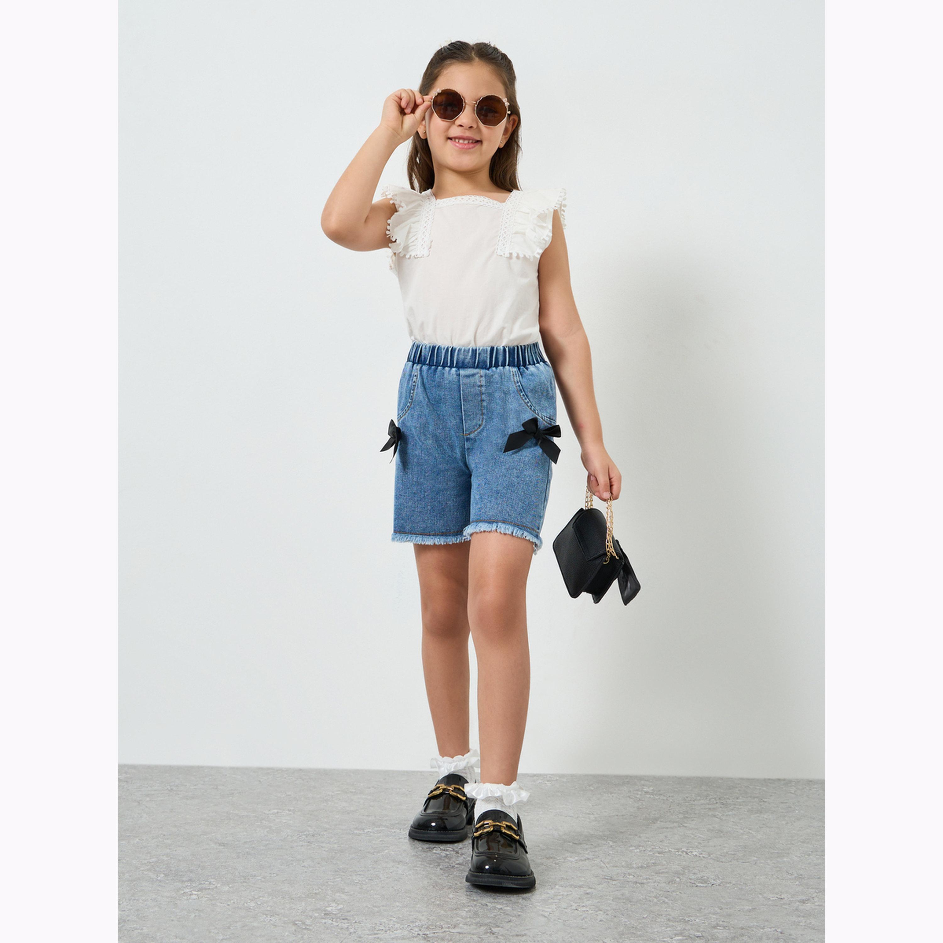 Styli Girls Denim Shorts with Bow Applique-girls-clothing-bottoms-shorts-image-2