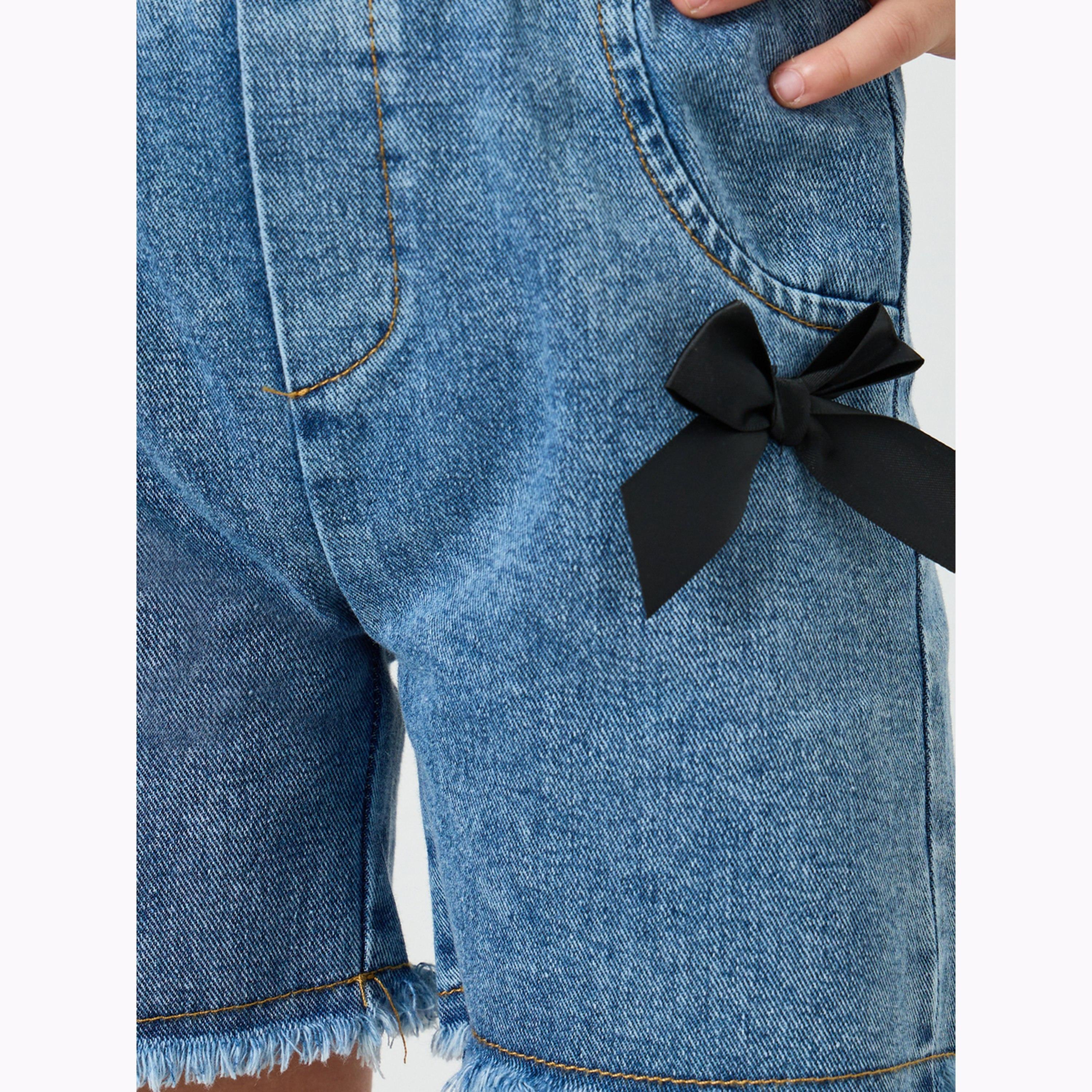 Styli Girls Denim Shorts with Bow Applique-girls-clothing-bottoms-shorts-image-3