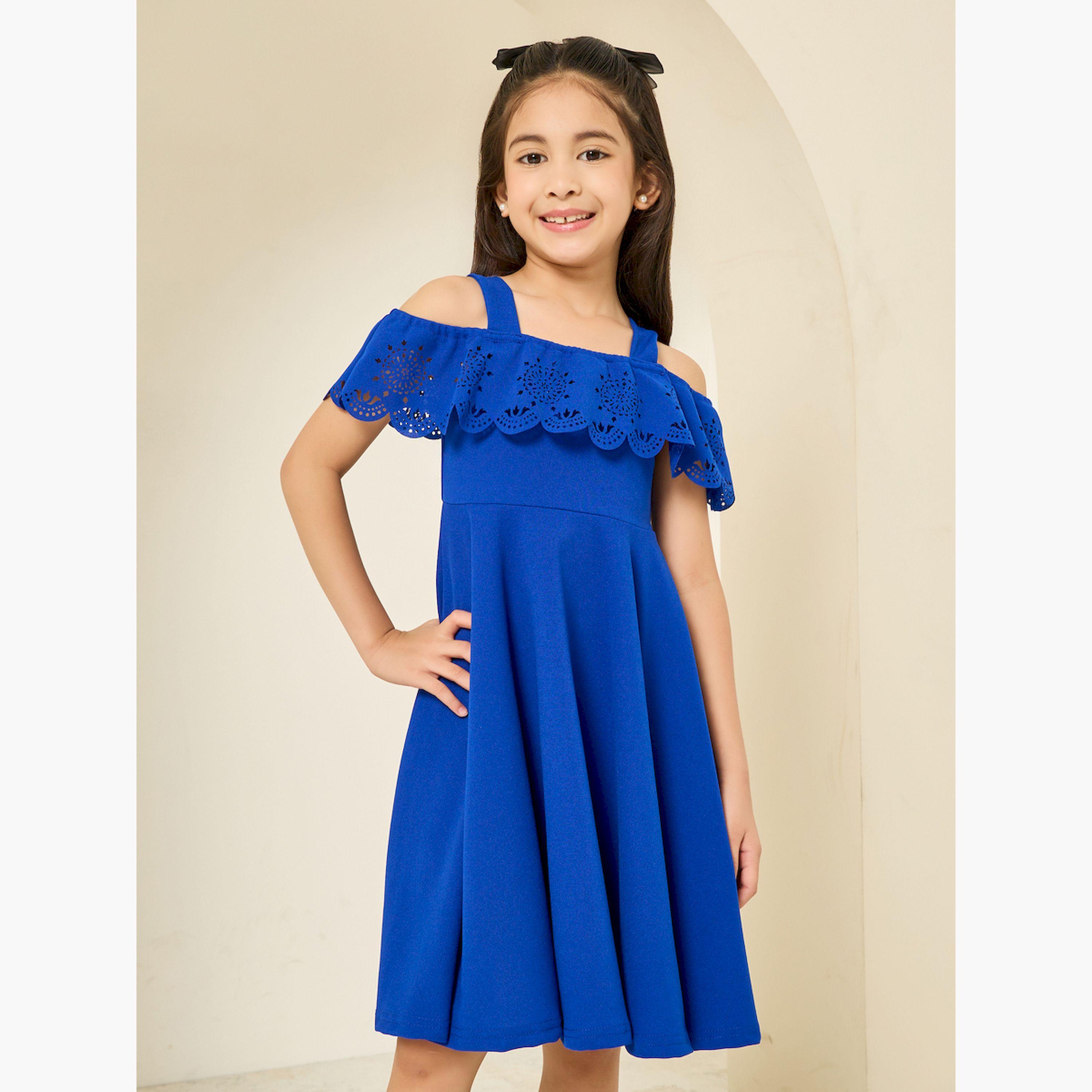 فستان أزرق بطول الركبة مكشوف الكتفين بتطريز شيفلي-girls-clothing-dressesandjumpsuits-image-1