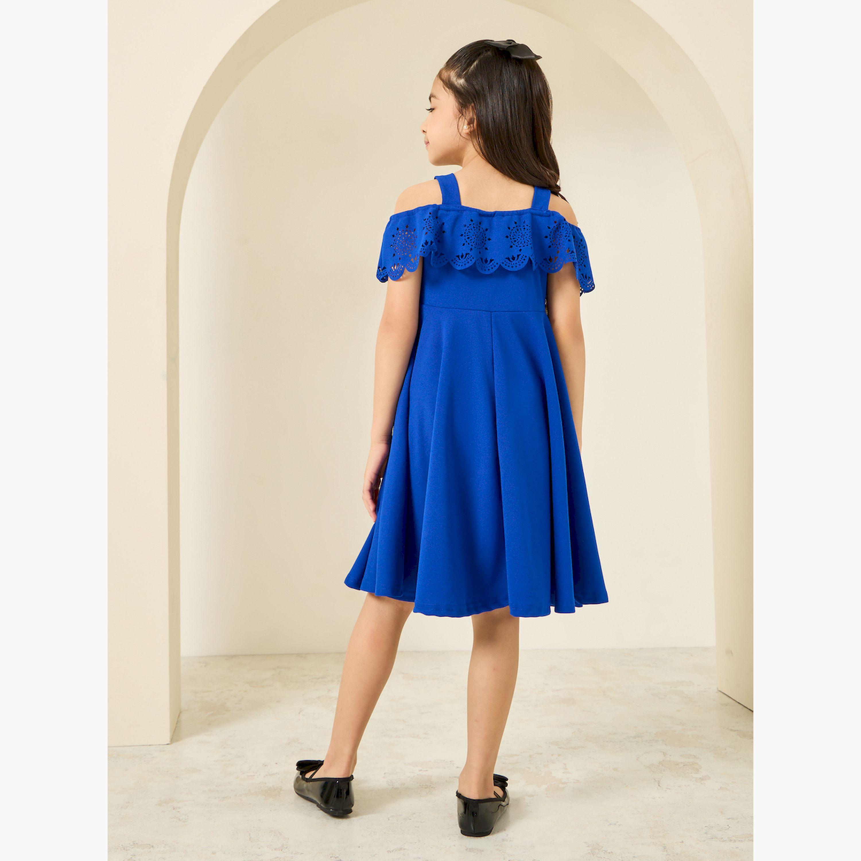 فستان أزرق بطول الركبة مكشوف الكتفين بتطريز شيفلي-girls-clothing-dressesandjumpsuits-image-3