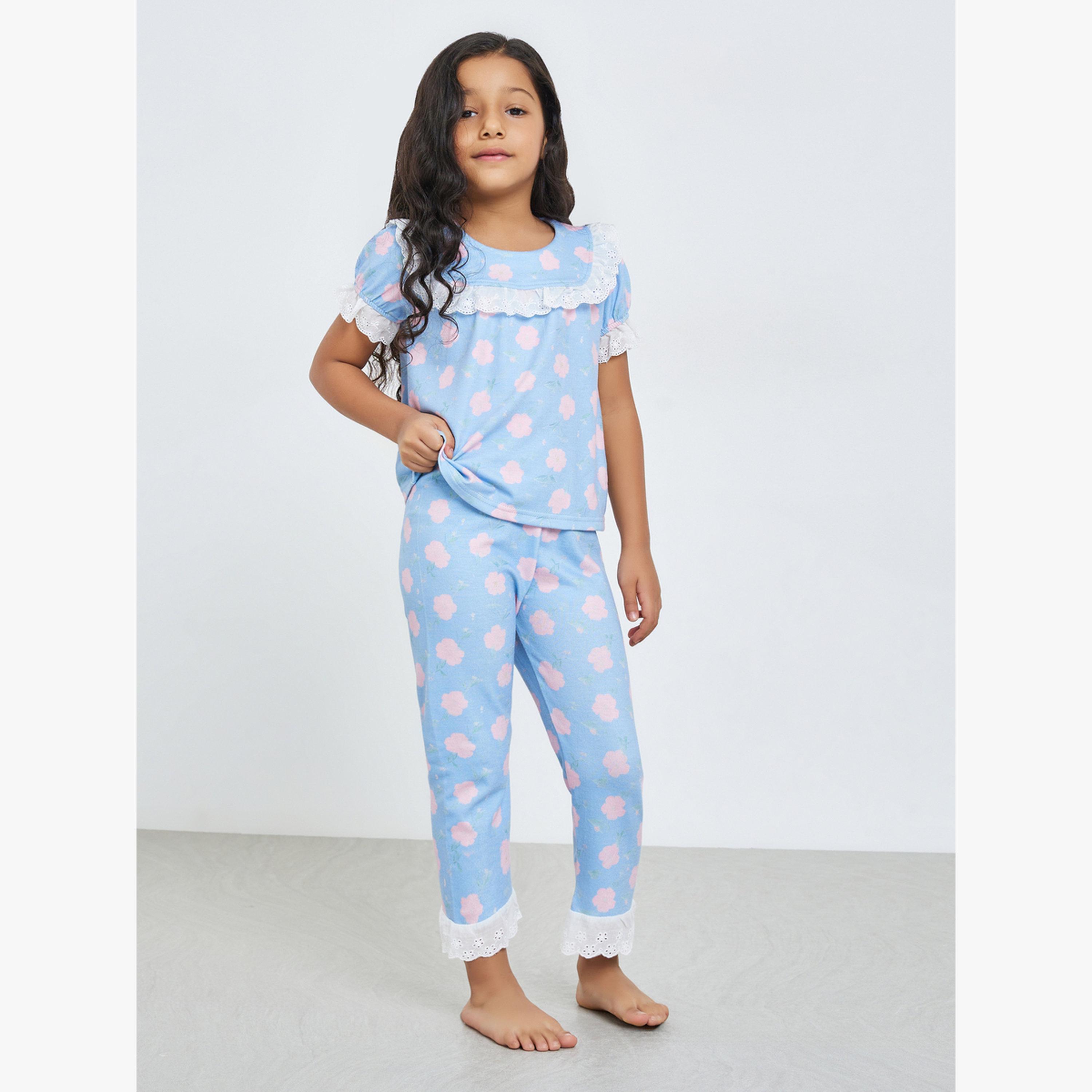 Styli Girls Blue Floral Print Top and Pyjama Set-girls-clothing-nightwear-image-1