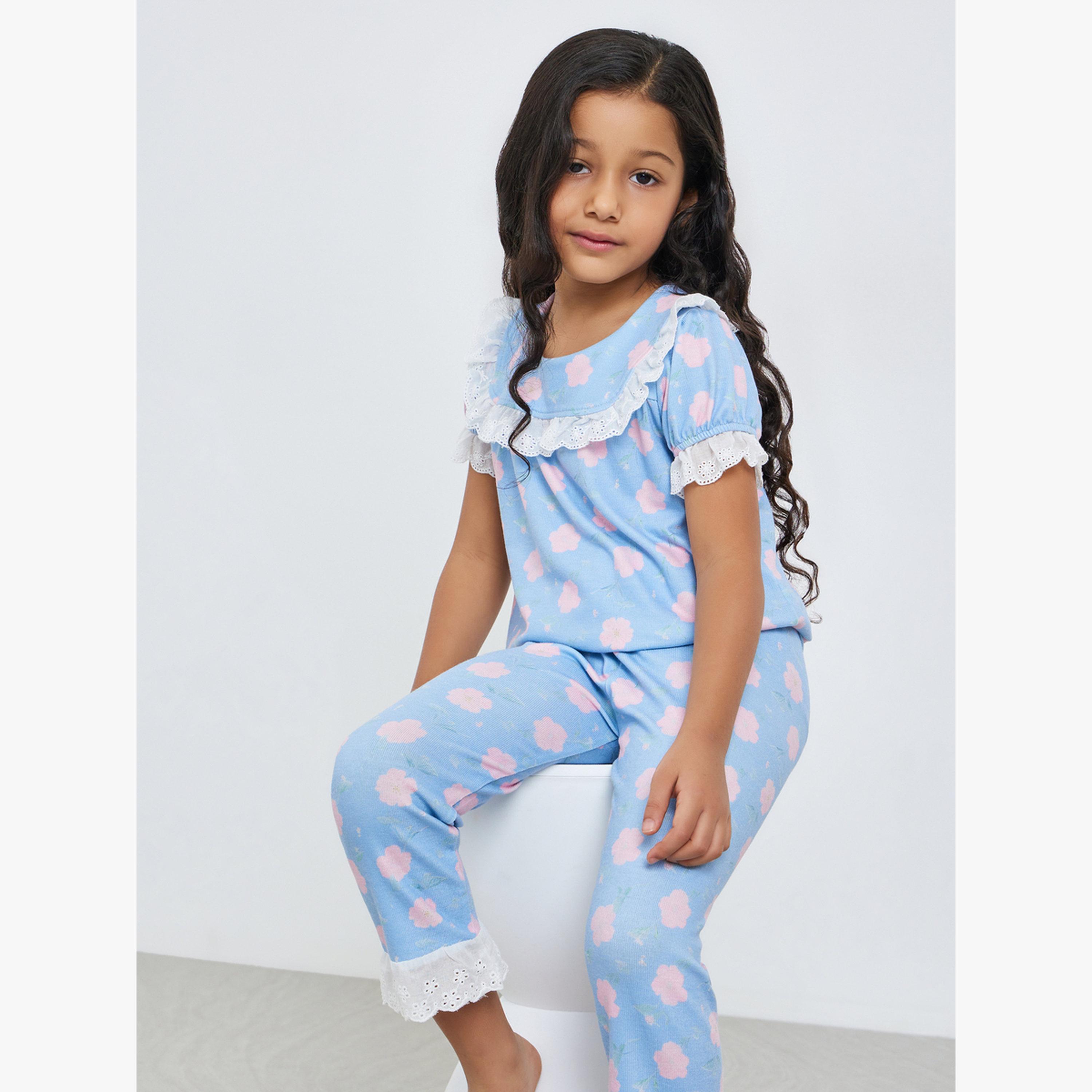 Styli Girls Blue Floral Print Top and Pyjama Set-girls-clothing-nightwear-image-2