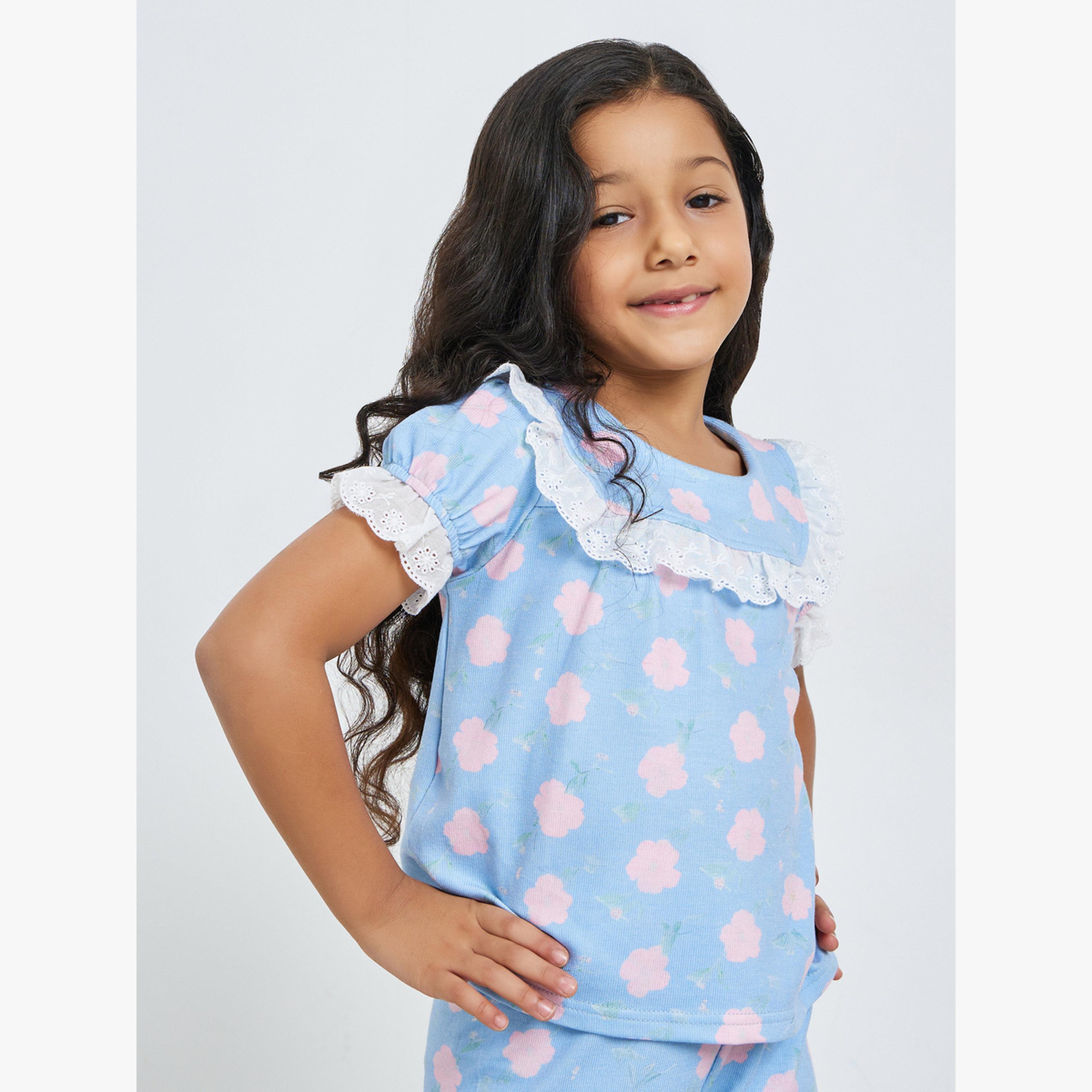 Styli Girls Blue Floral Print Top and Pyjama Set-girls-clothing-nightwear-image-3