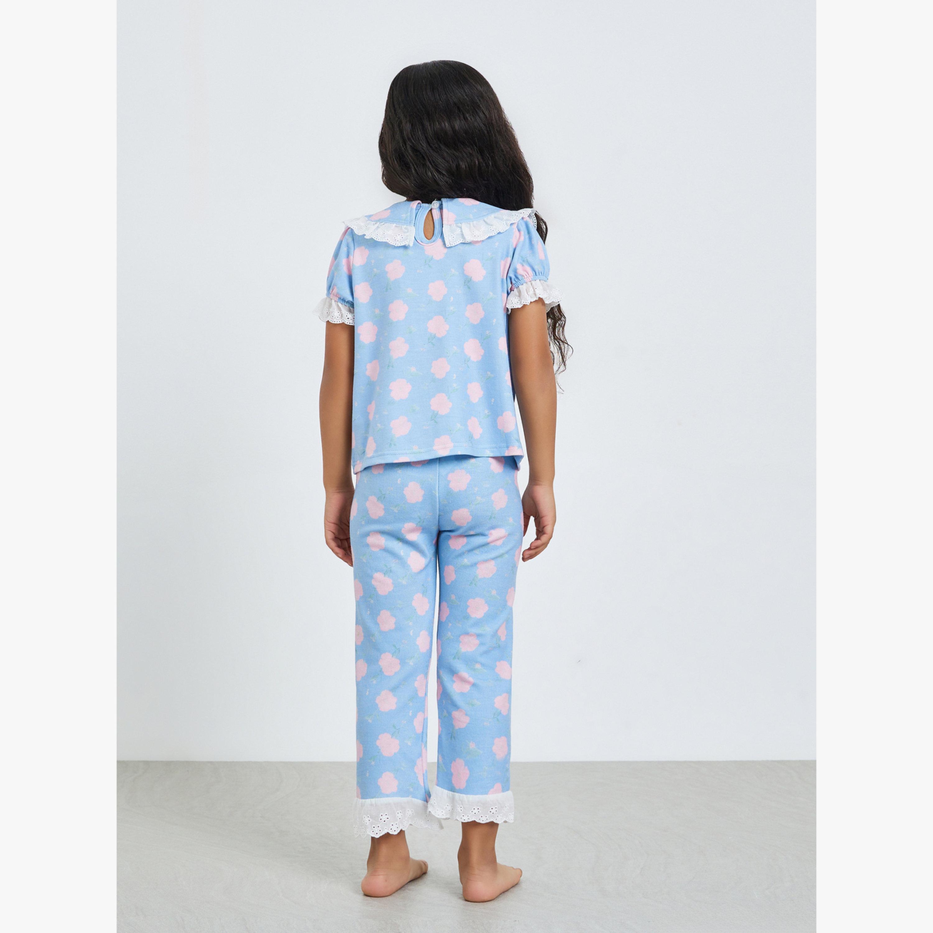 Styli Girls Blue Floral Print Top and Pyjama Set-girls-clothing-nightwear-image-4