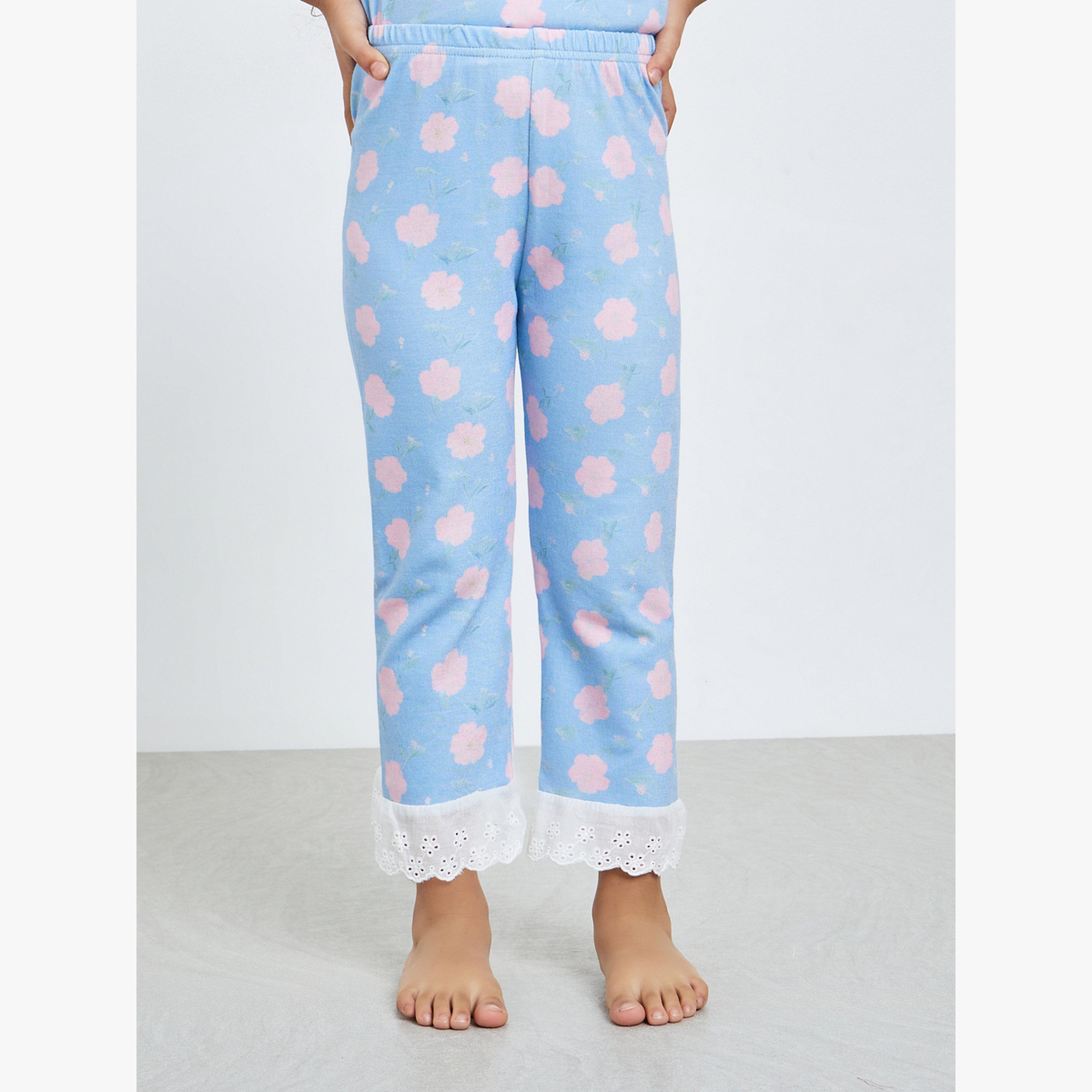 Styli Girls Blue Floral Print Top and Pyjama Set-girls-clothing-nightwear-image-5