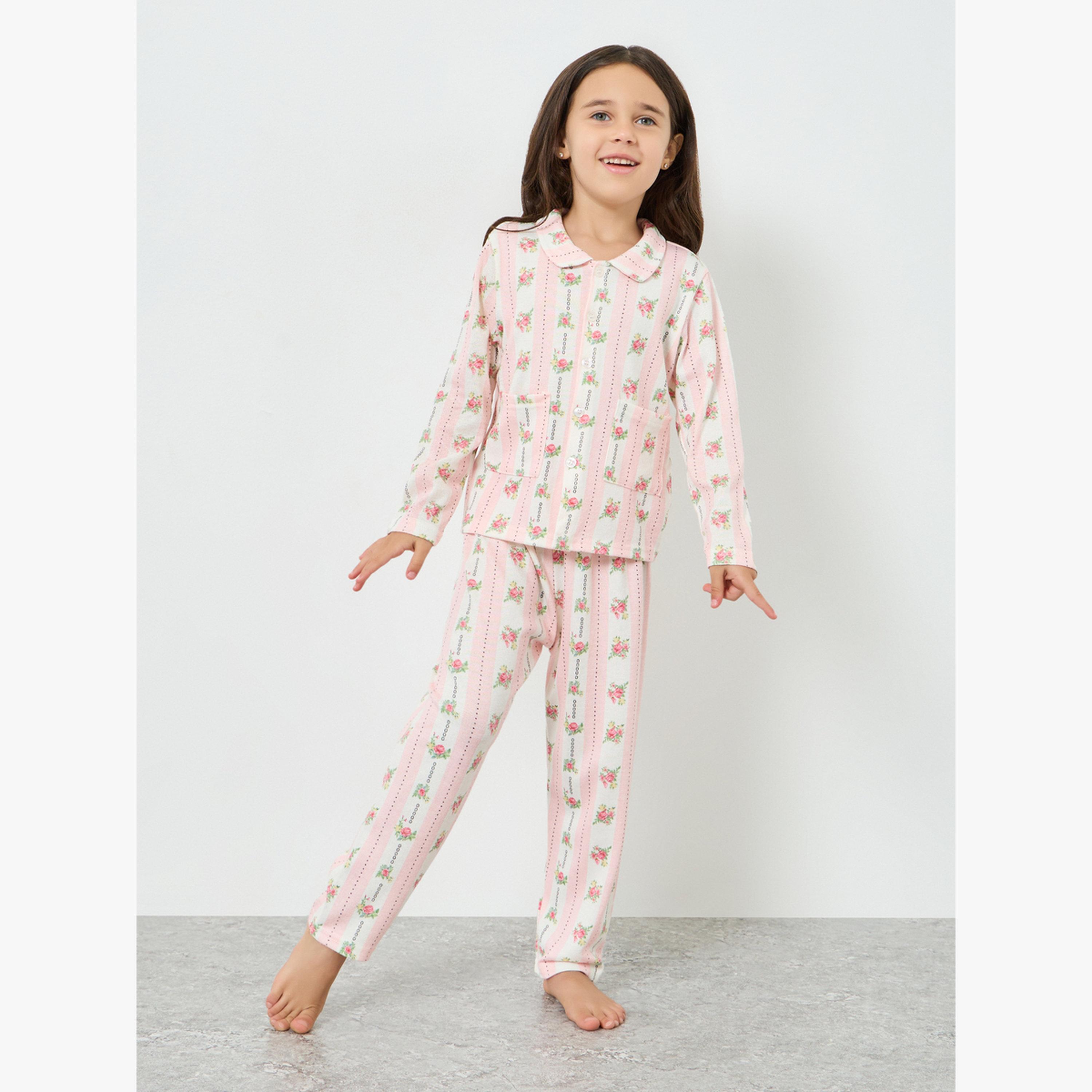 مجموعة من بيجاما وبلوزة بأكمام طويلة بطبعة زهور-girls-clothing-nightwear-image-1
