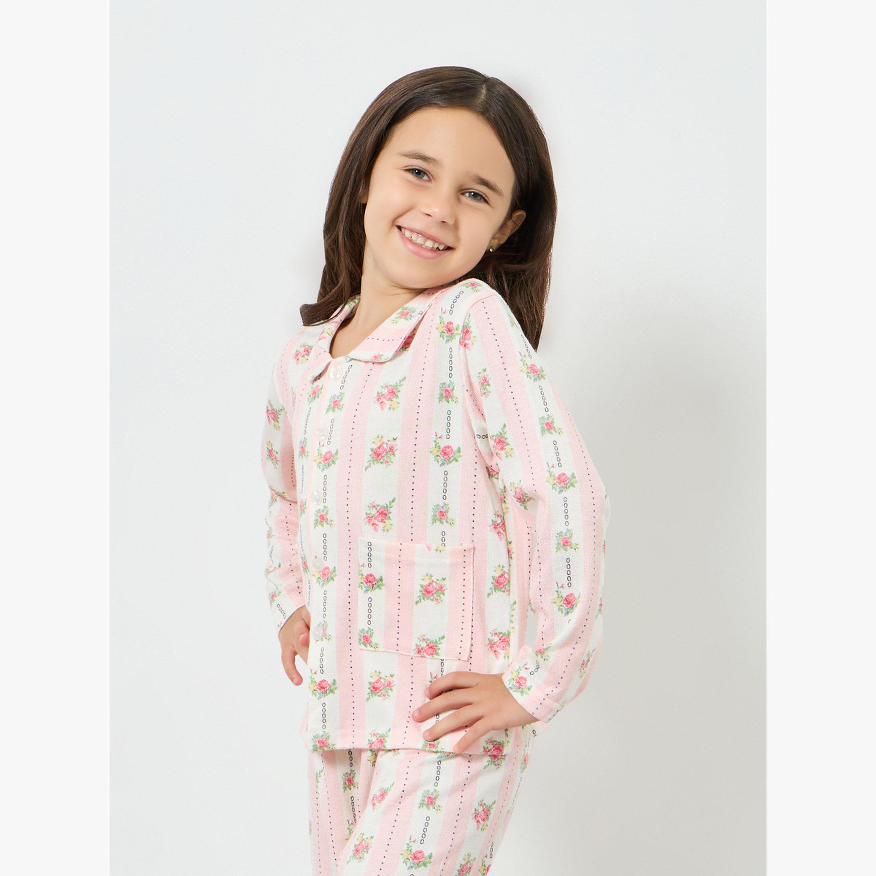 مجموعة من بيجاما وبلوزة بأكمام طويلة بطبعة زهور-girls-clothing-nightwear-image-2