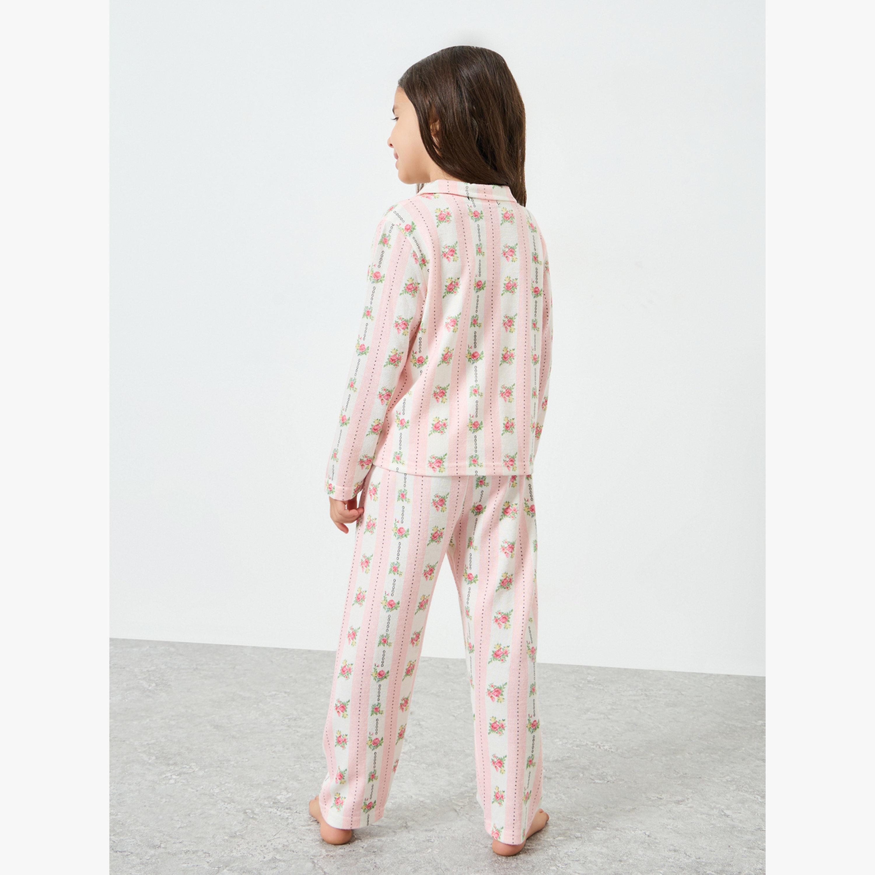 مجموعة من بيجاما وبلوزة بأكمام طويلة بطبعة زهور-girls-clothing-nightwear-image-3