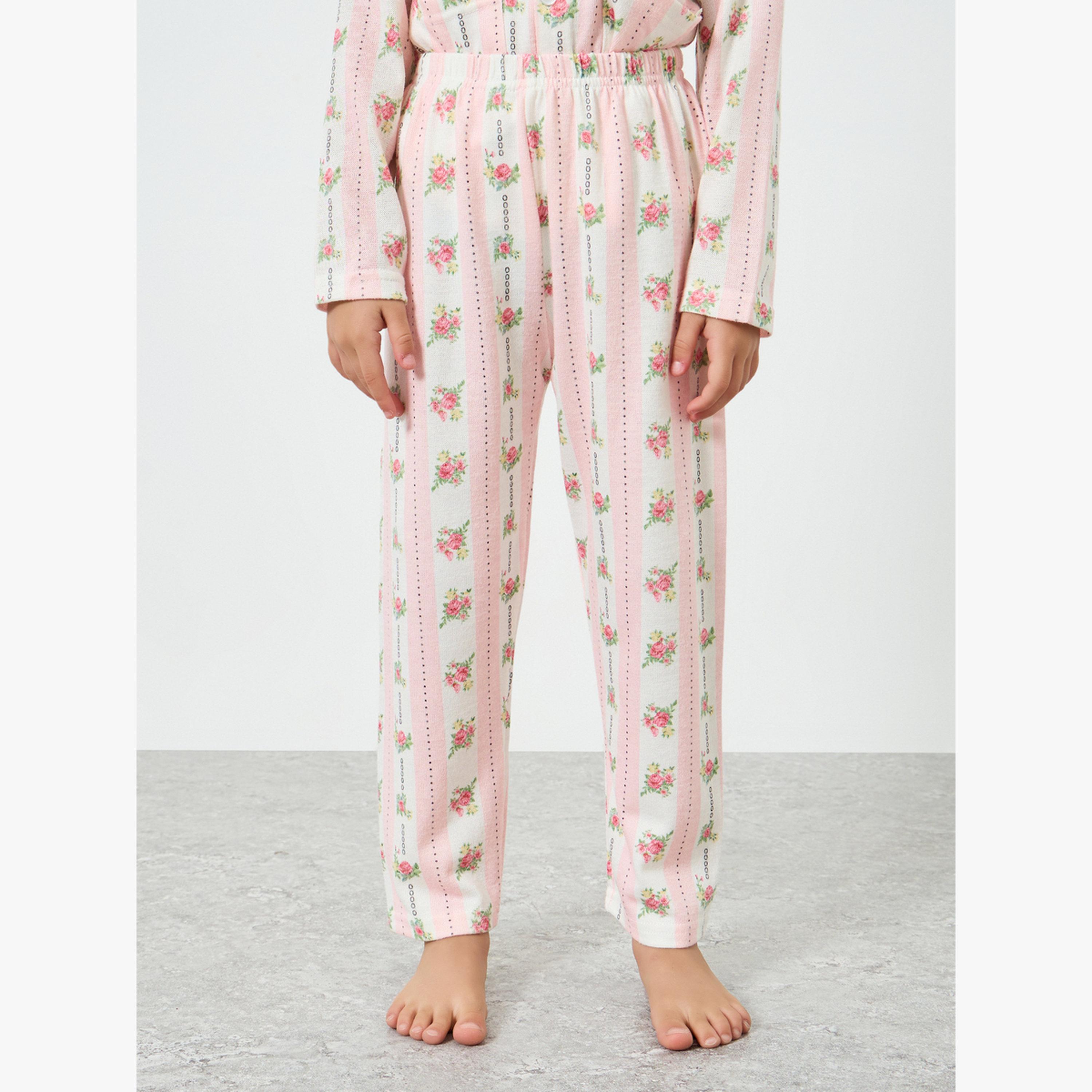 مجموعة من بيجاما وبلوزة بأكمام طويلة بطبعة زهور-girls-clothing-nightwear-image-4