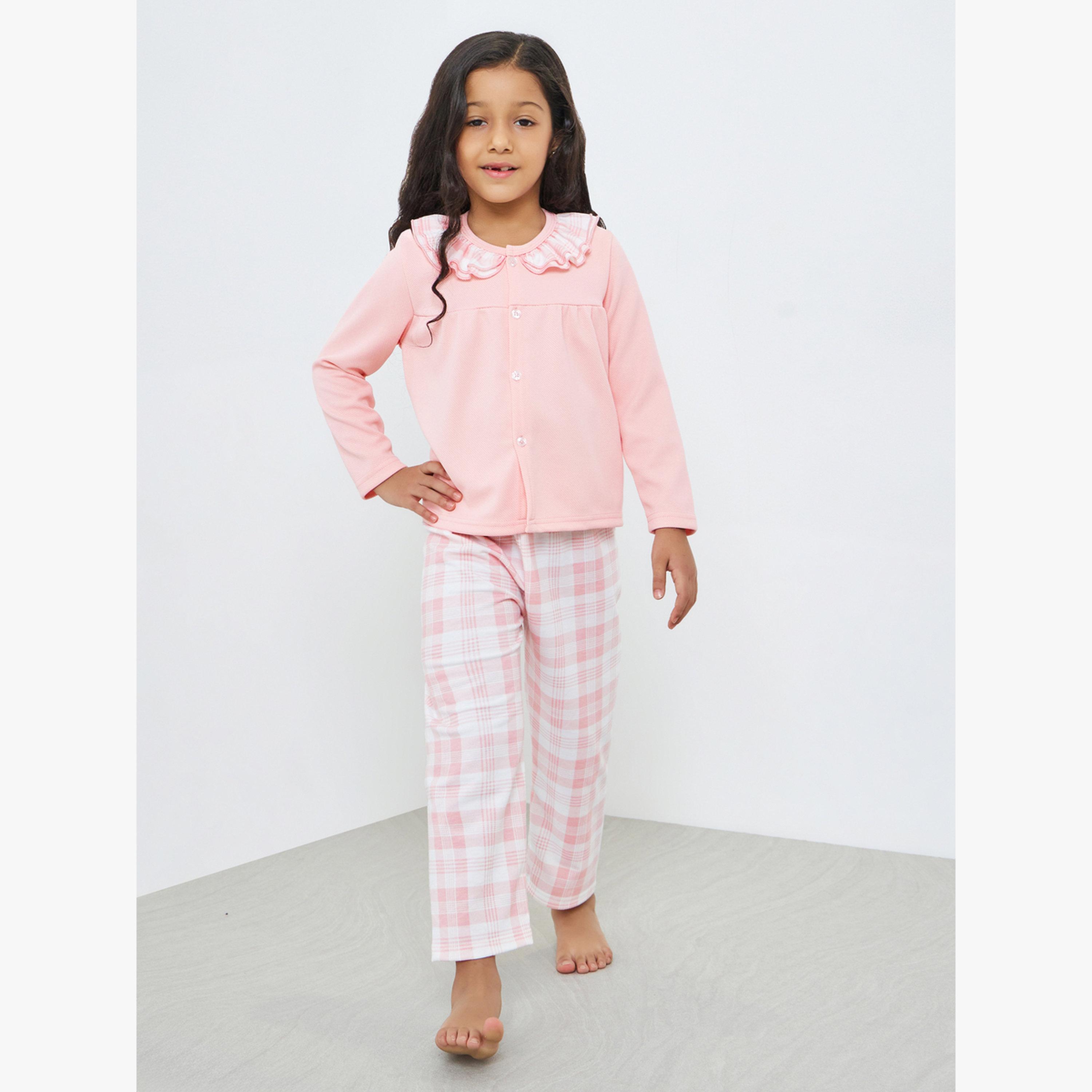 Styli Girls Pink Checkered Long Sleeve Top and Pyjama Set-girls-clothing-nightwear-image-1