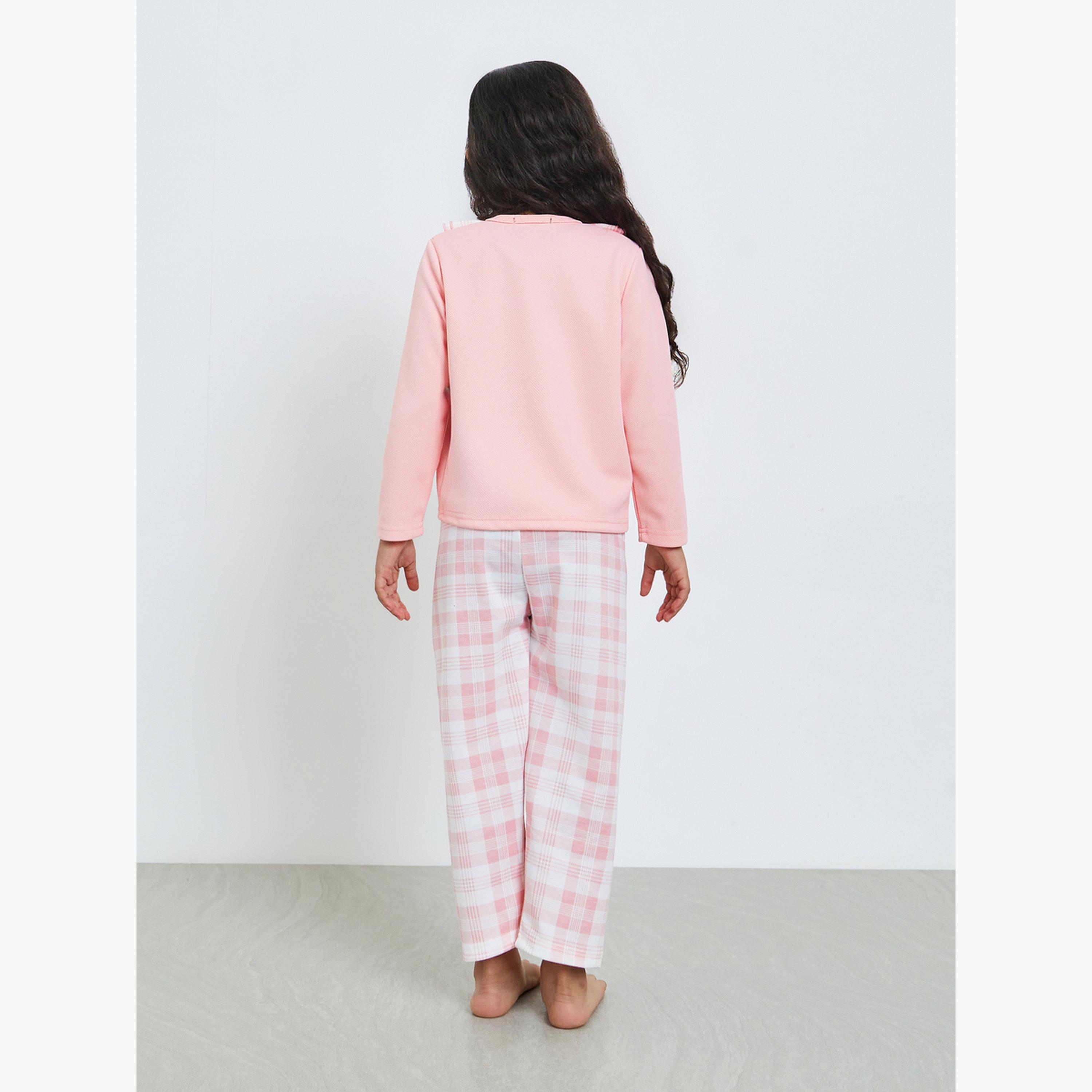 Styli Girls Pink Checkered Long Sleeve Top and Pyjama Set-girls-clothing-nightwear-image-3