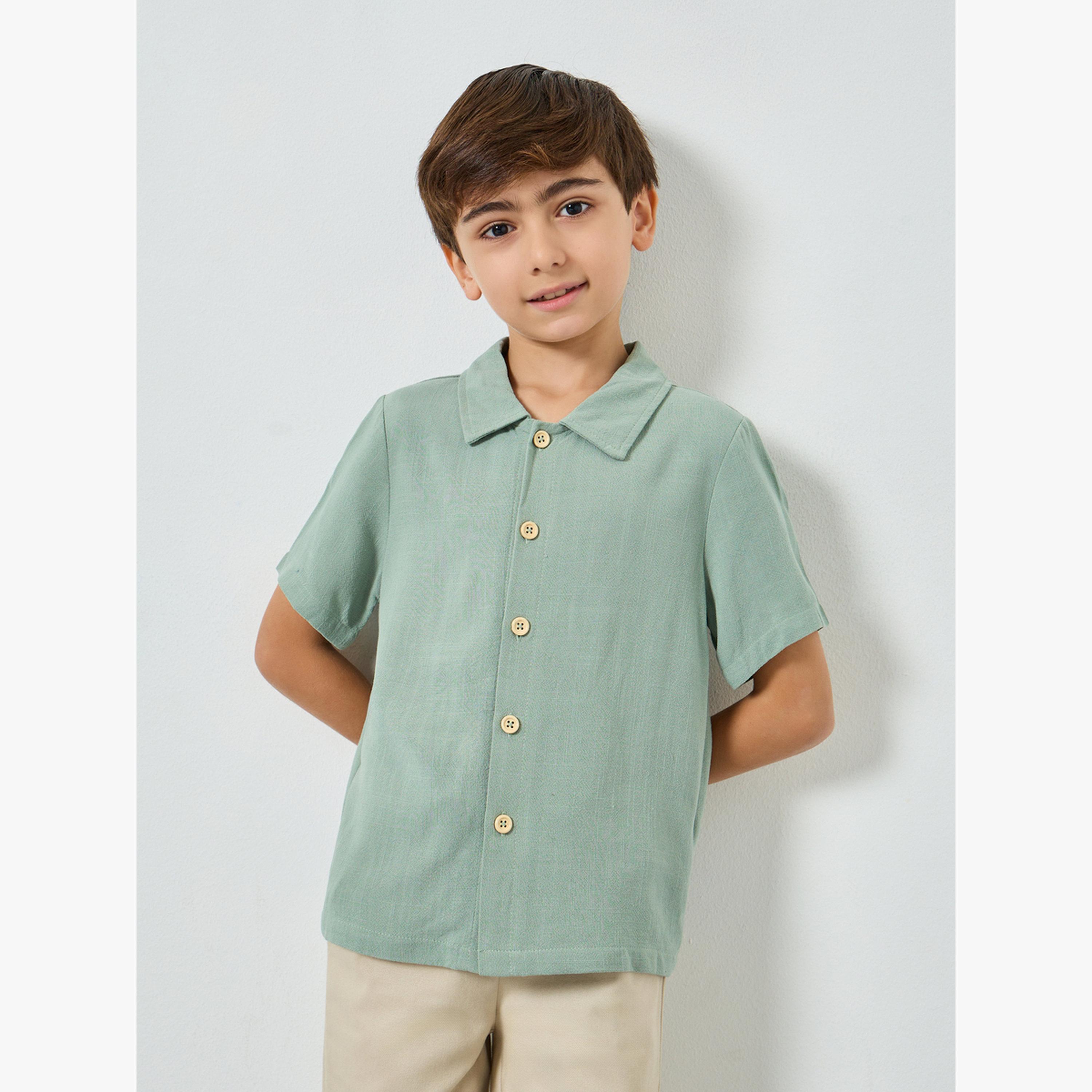 Styli Boys Green Collared Linen Shirt-boys-clothing-shirts-image-1