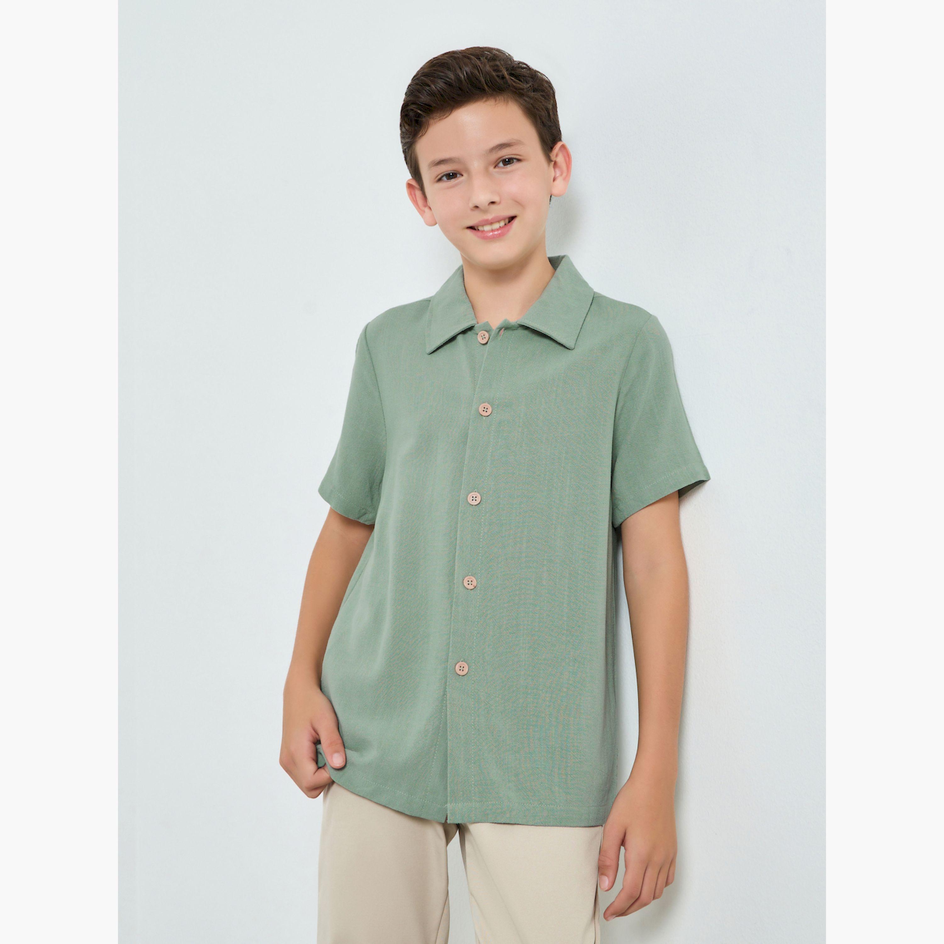 Styli Boys Green Collared Short Sleeve Shirt-boys-clothing-shirts-image-1