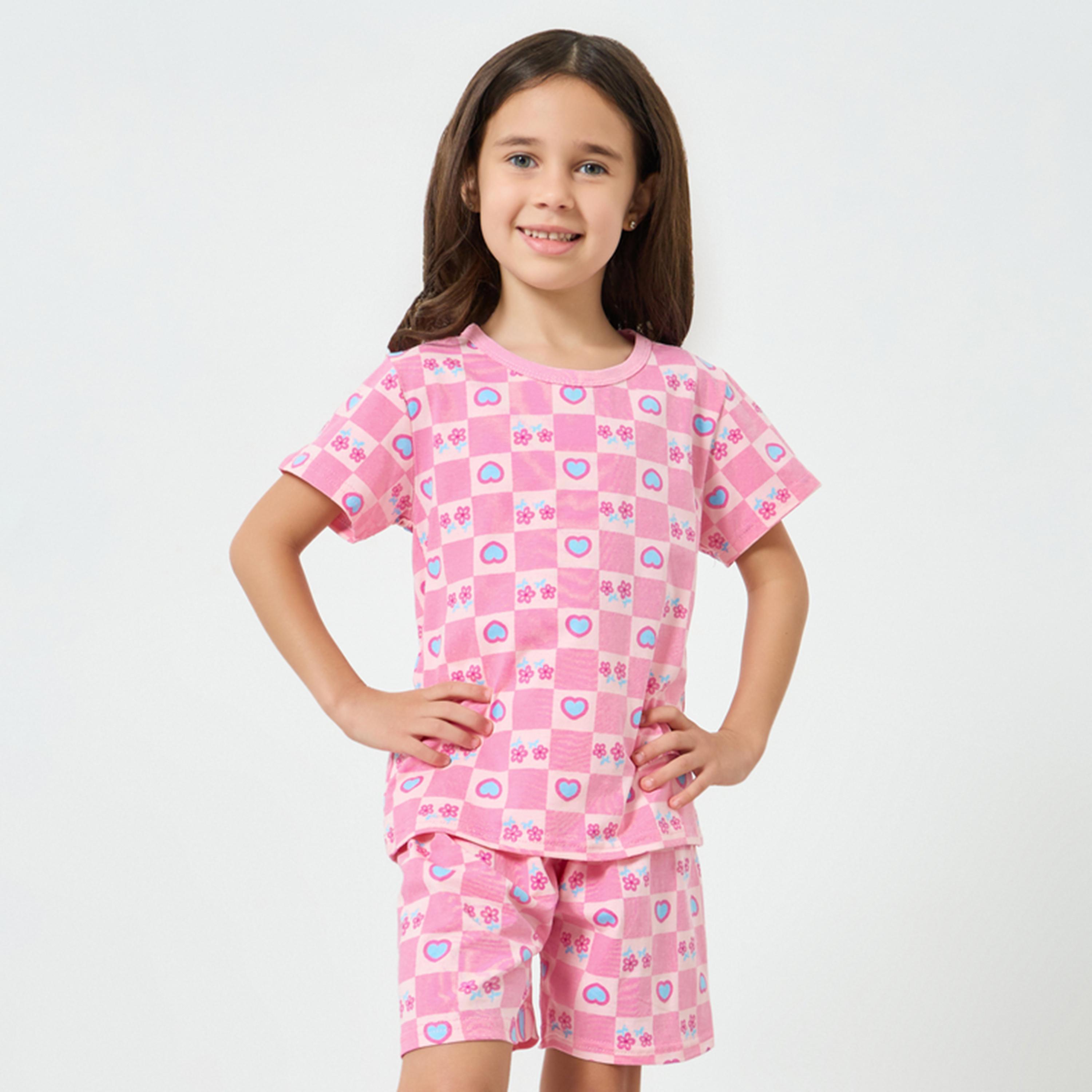 Styli Girls Pink Printed T-Shirt and Shorts Pyjama Set-girls-clothing-nightwear-image-1