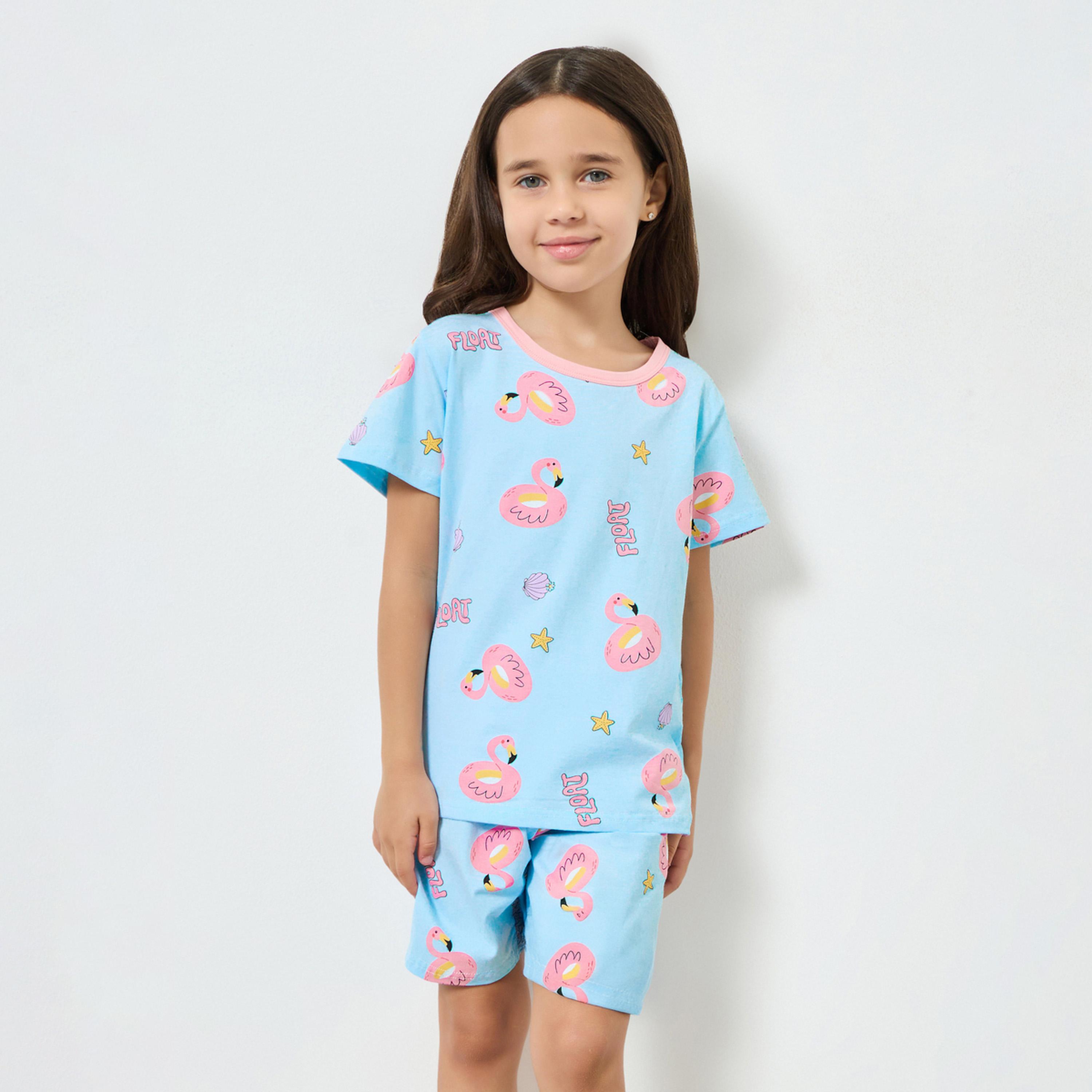 مجموعة من شورت وتيشيرت بطبعة فلامينجو-girls-clothing-nightwear-image-1