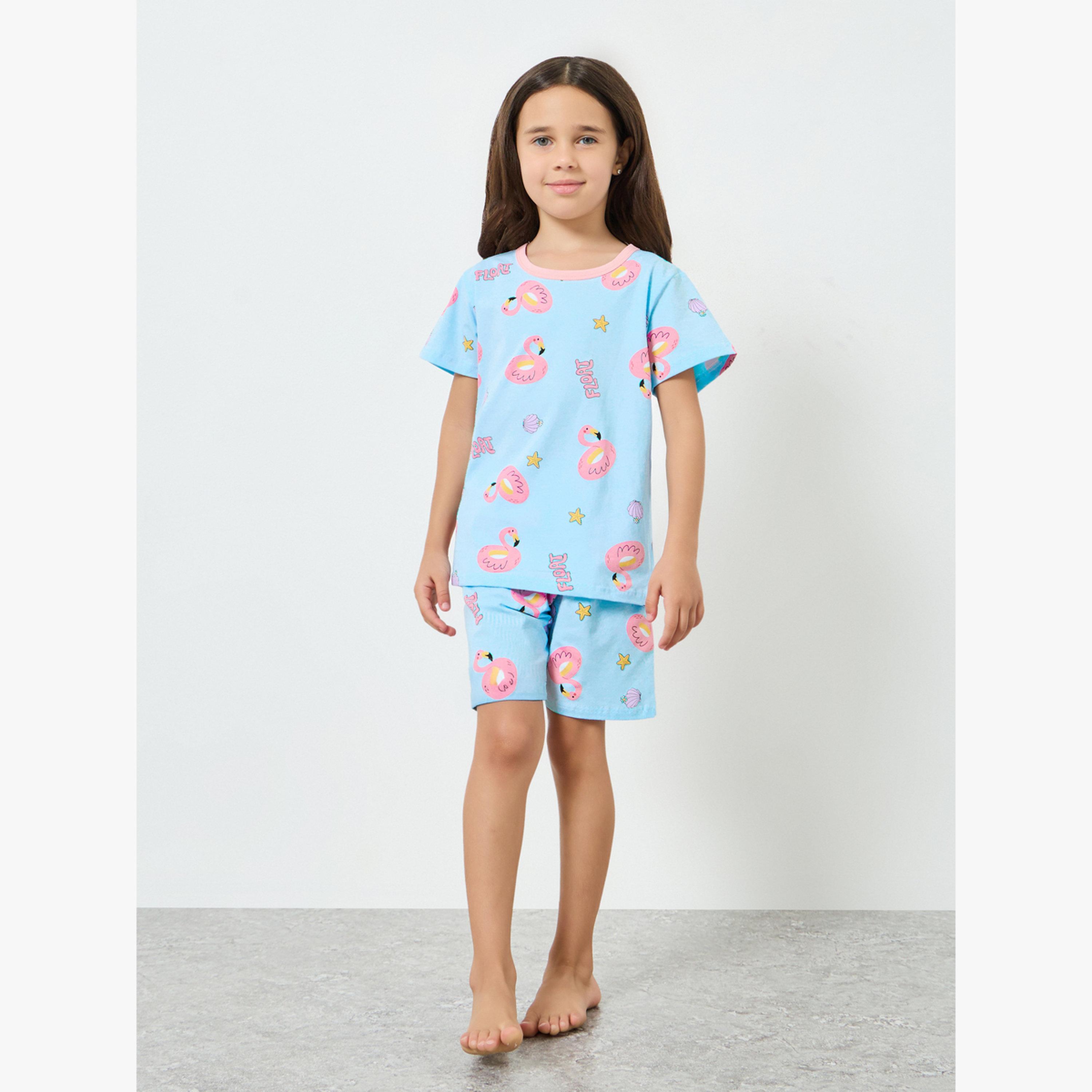 Styli Girls Flamingo Print T-Shirt and Shorts Set-girls-clothing-nightwear-image-2