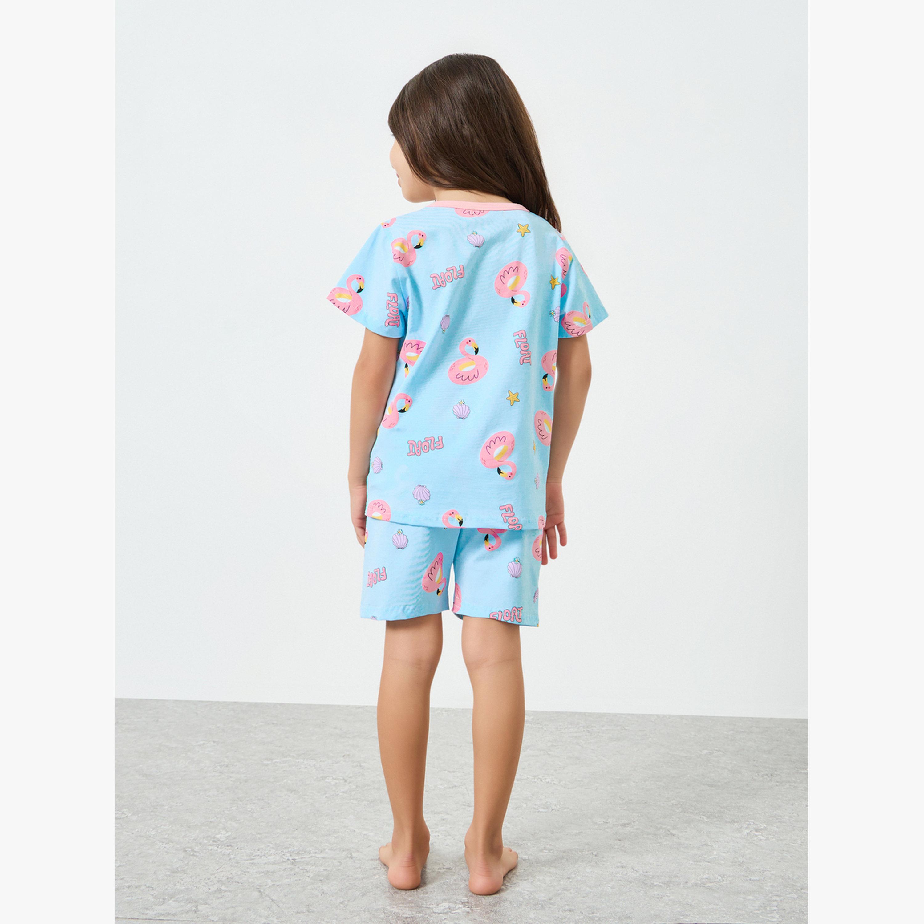 Styli Girls Flamingo Print T-Shirt and Shorts Set-girls-clothing-nightwear-image-3