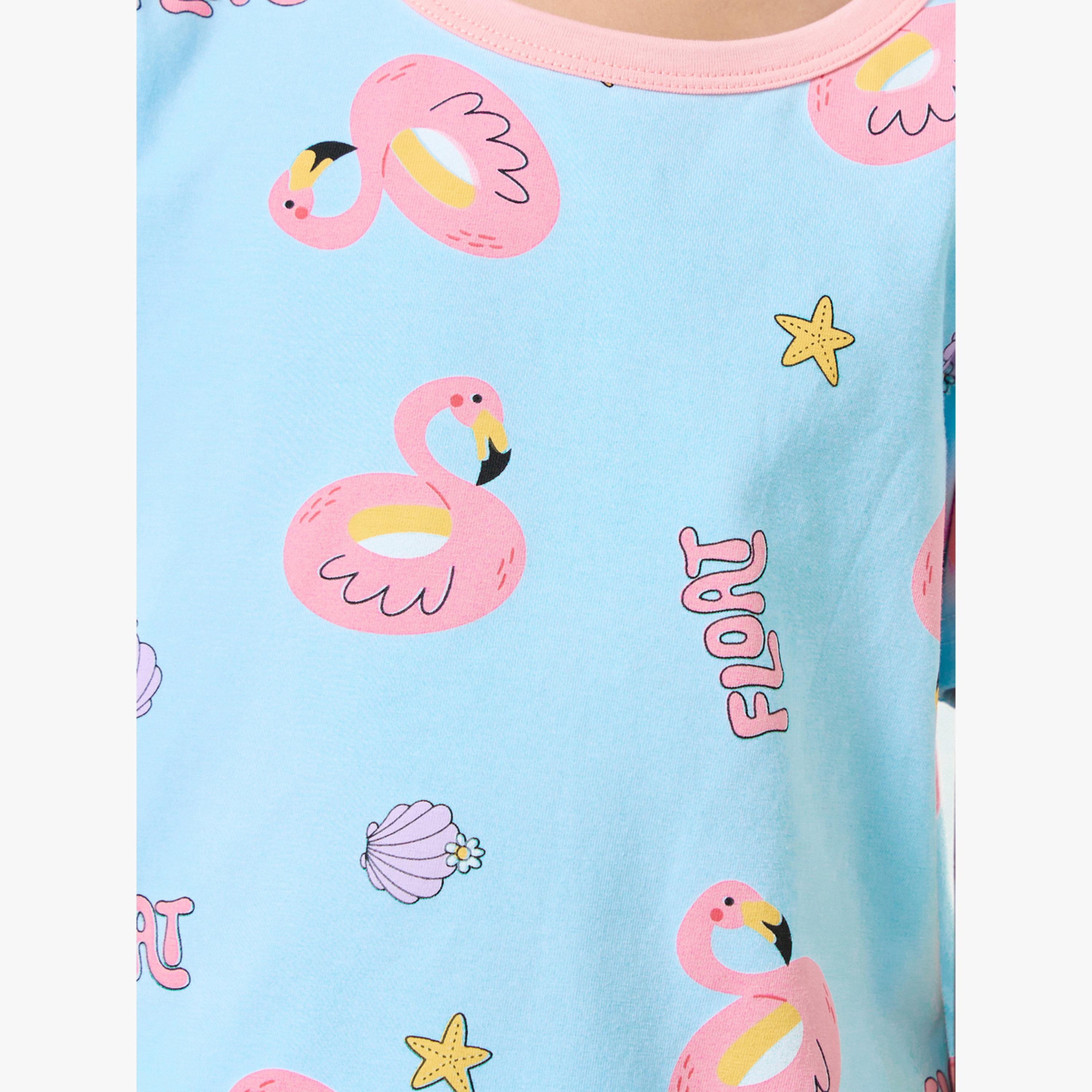 Styli Girls Flamingo Print T-Shirt and Shorts Set-girls-clothing-nightwear-image-5