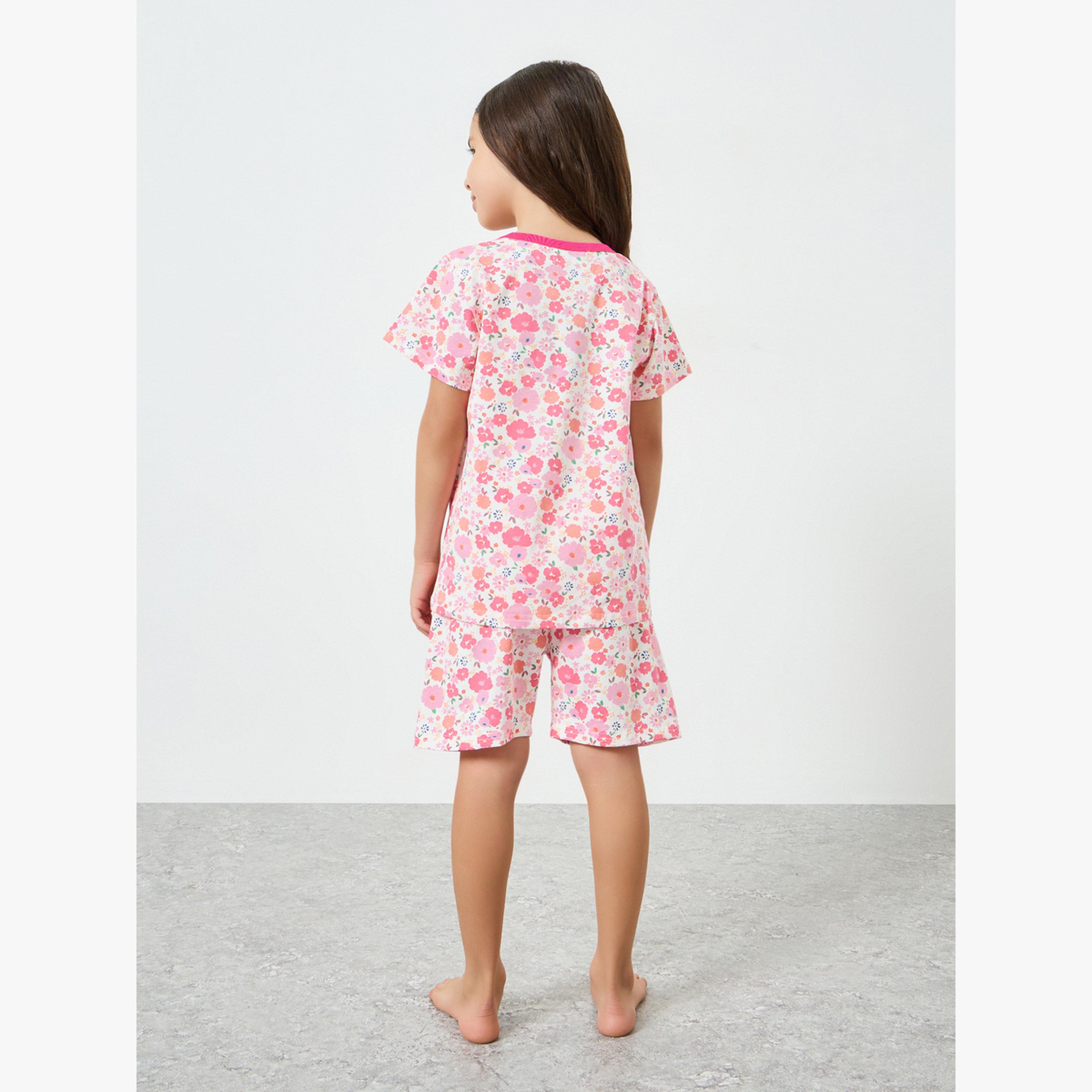 Styli Girls Floral Print T-Shirt and Shorts Set-girls-clothing-nightwear-image-3