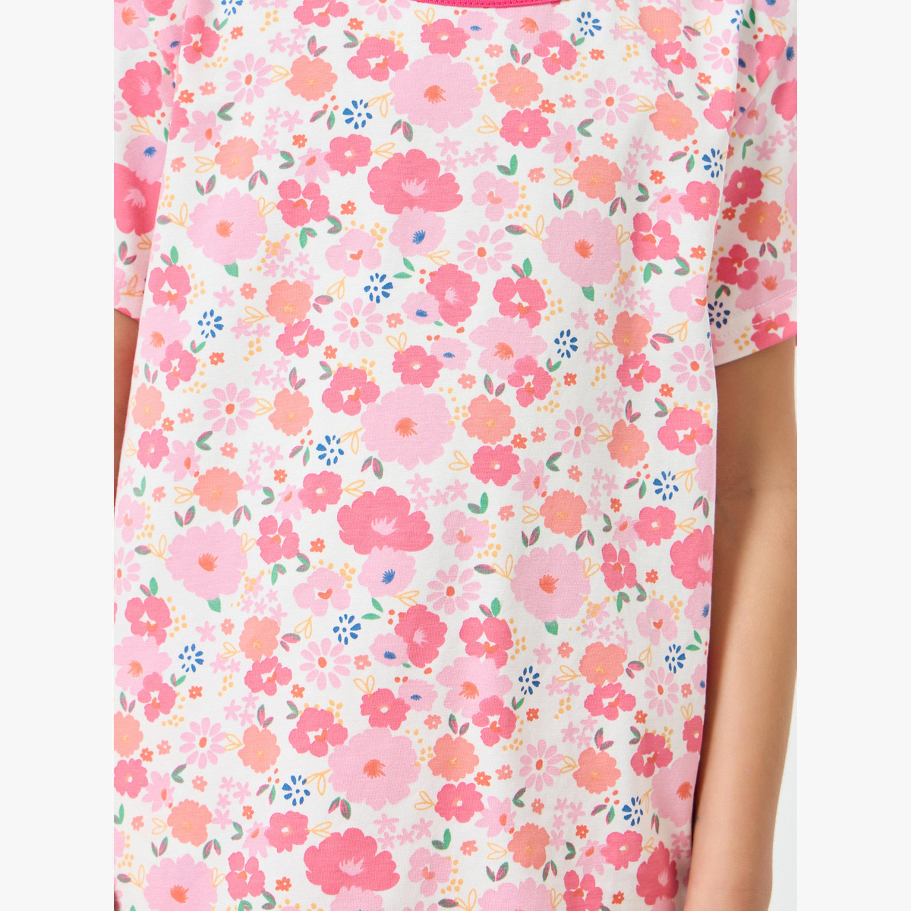 مجموعة من شورت وتيشيرت بطبعة أزهار-girls-clothing-nightwear-image-1