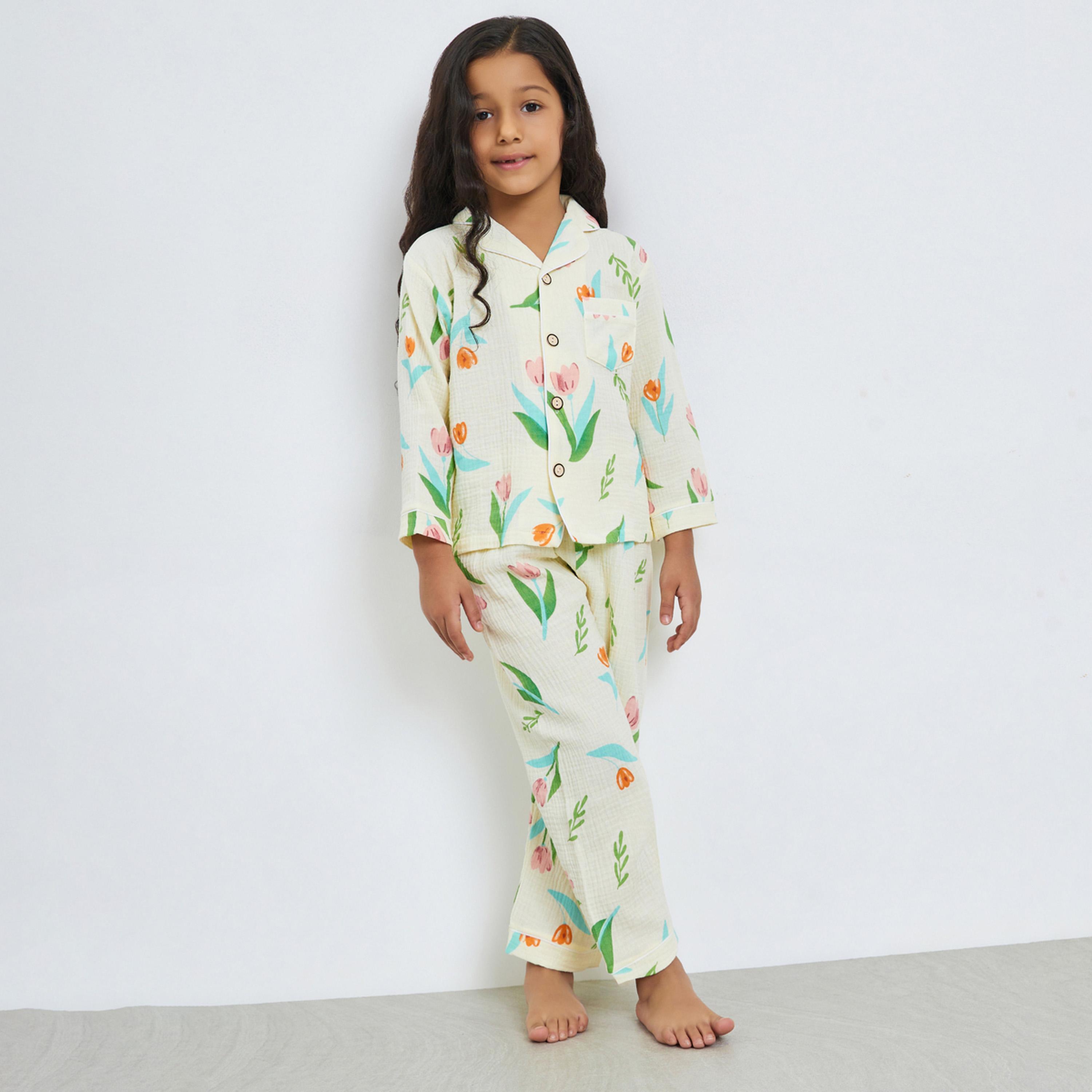 Styli Girls Floral Print Button Front Shirt and Pjyama Set-girls-clothing-nightwear-image-1
