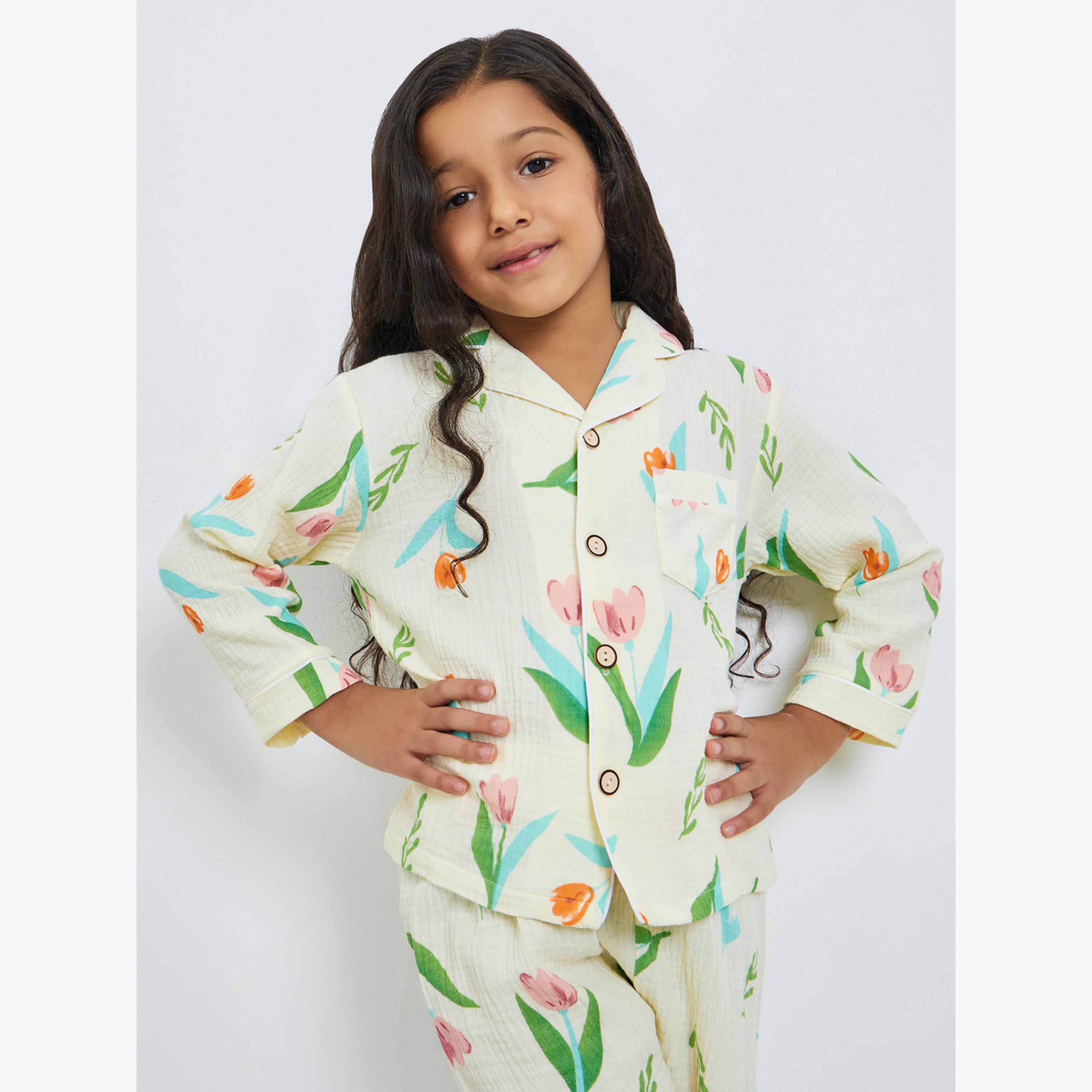 Styli Girls Floral Print Button Front Shirt and Pjyama Set-girls-clothing-nightwear-image-2