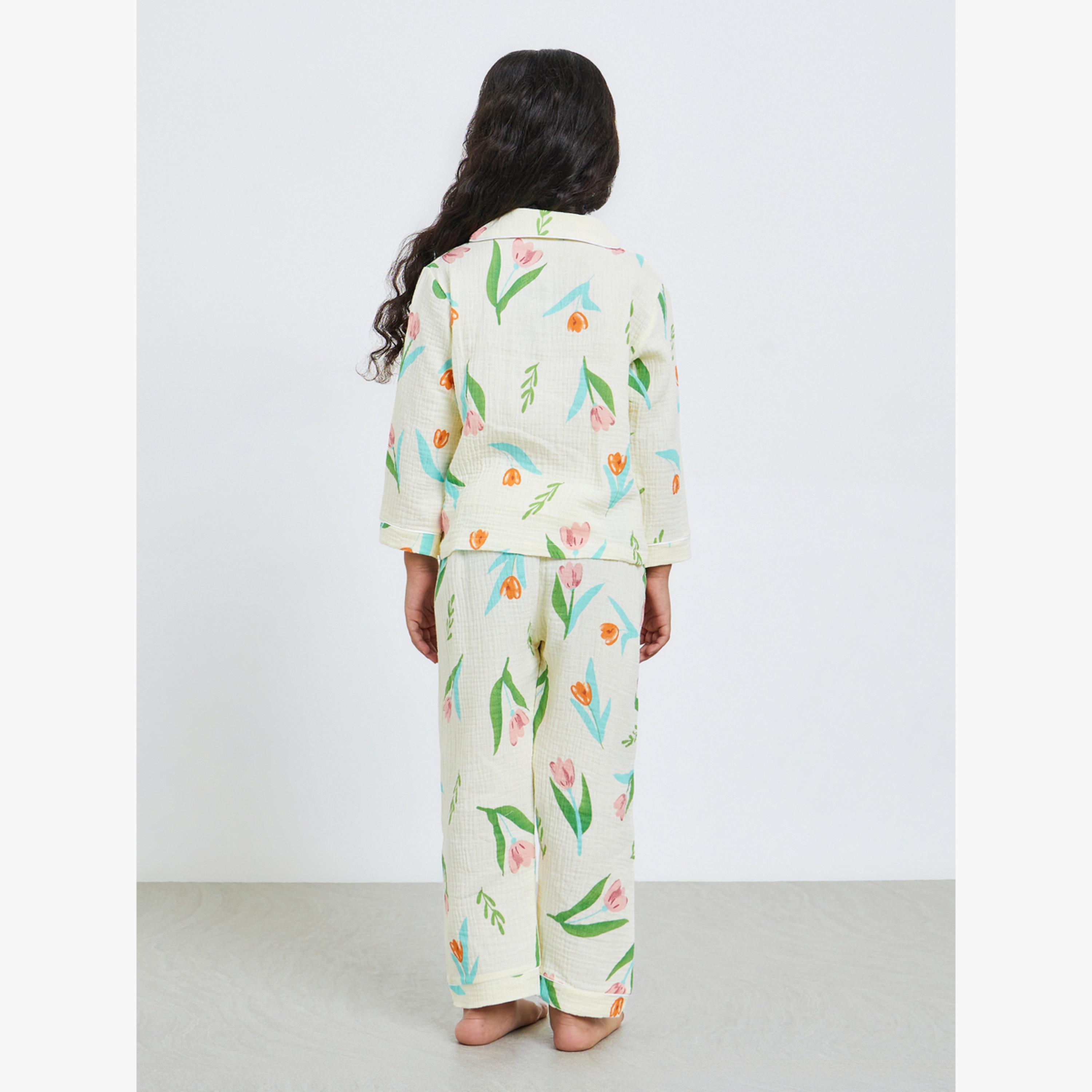 Styli Girls Floral Print Button Front Shirt and Pjyama Set-girls-clothing-nightwear-image-3